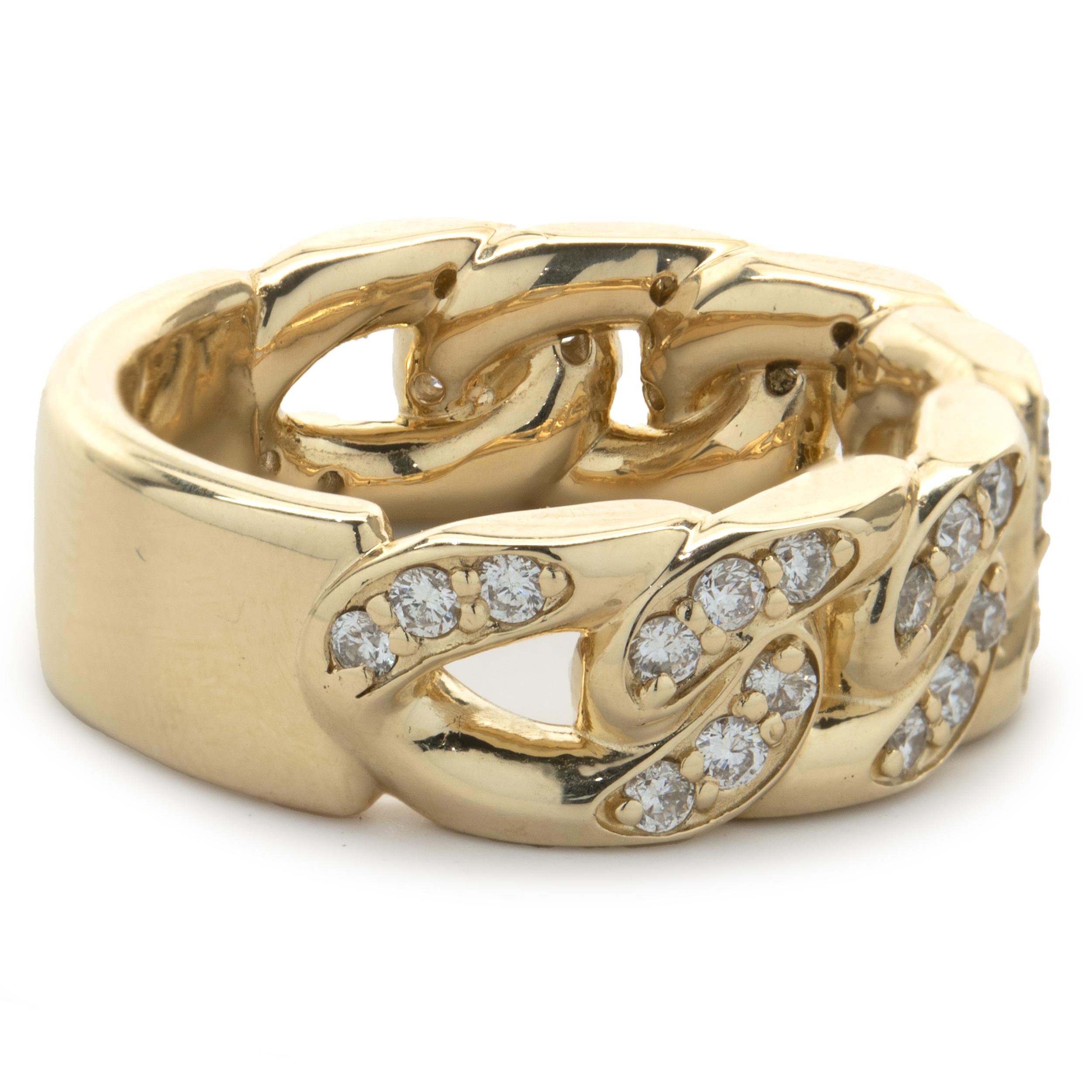 Designer: custom
Material: 14K yellow gold
Diamond: 42 round brilliant cut = .84cttw
Color: G
Clarity: SI1
Ring size: 9.5 (please allow two additional shipping days for sizing requests)
Weight:  18.26 grams
