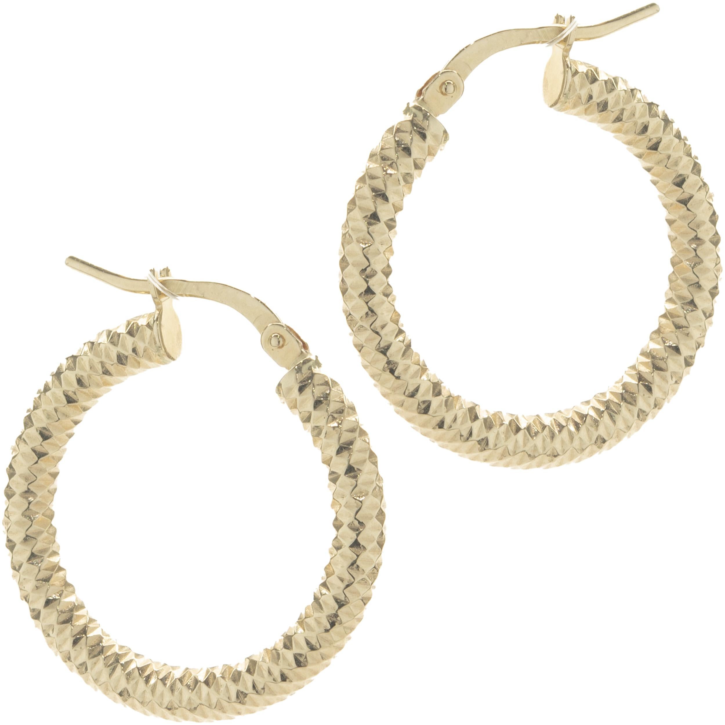 Women's 14 Karat Yellow Gold Diamond Cut Hoop Earrings For Sale