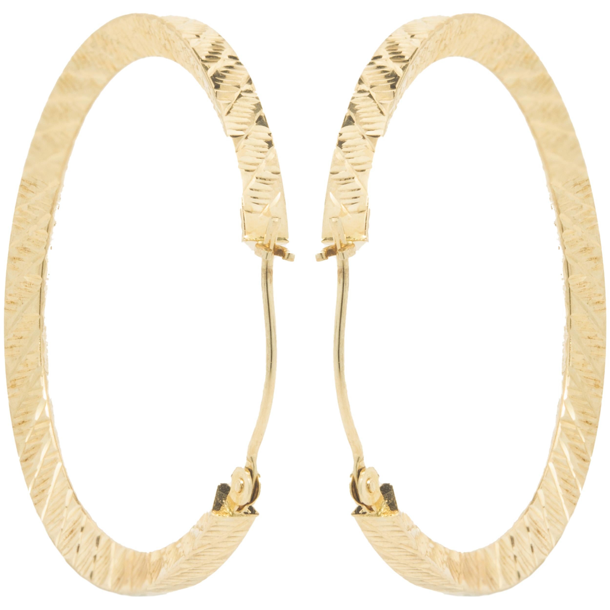 Women's 14 Karat Yellow Gold Diamond Cut Hoop Earrings For Sale