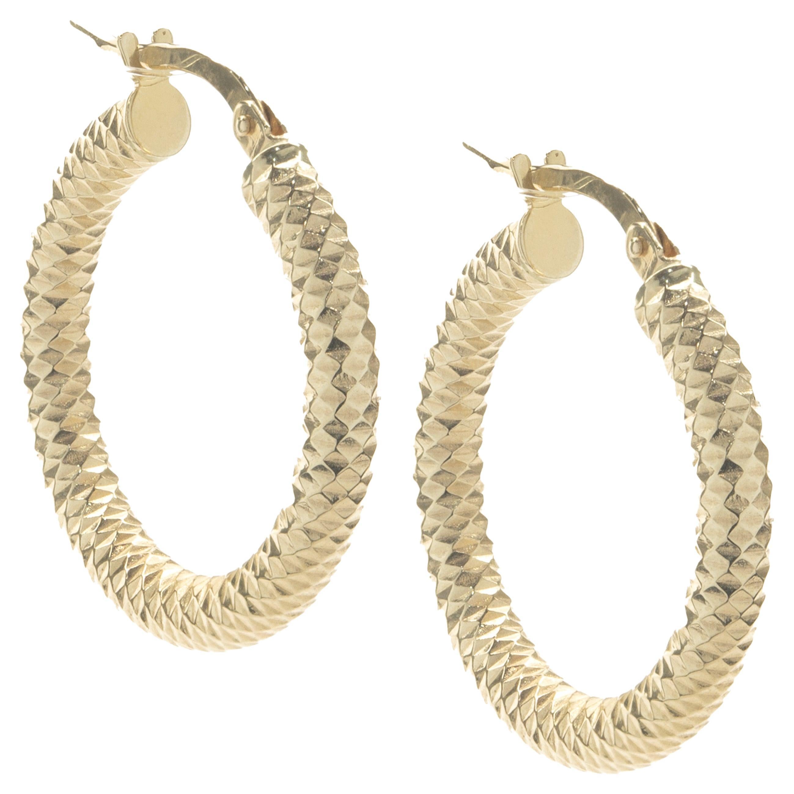 14 Karat Yellow Gold Diamond Cut Hoop Earrings For Sale