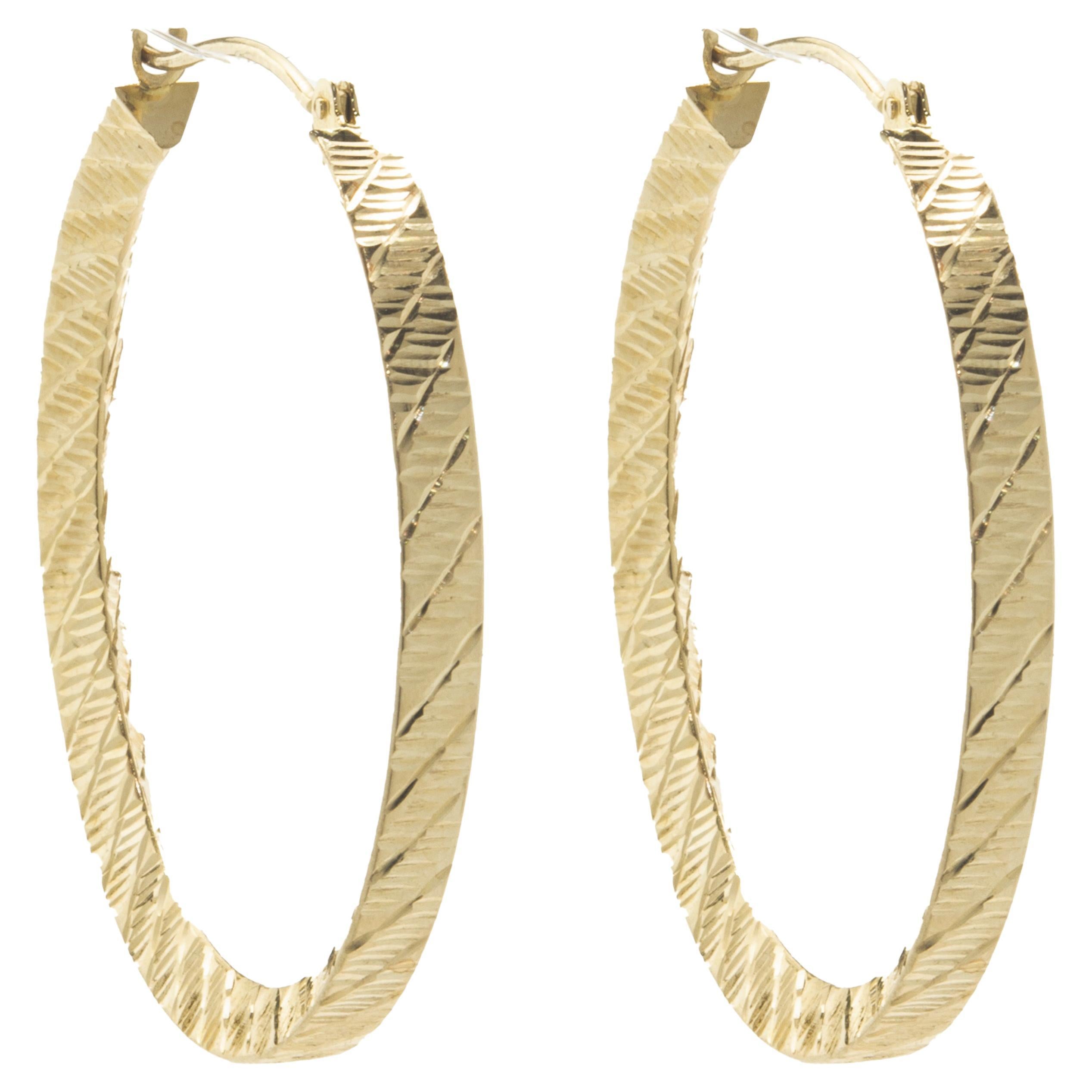 14 Karat Yellow Gold Diamond Cut Hoop Earrings For Sale