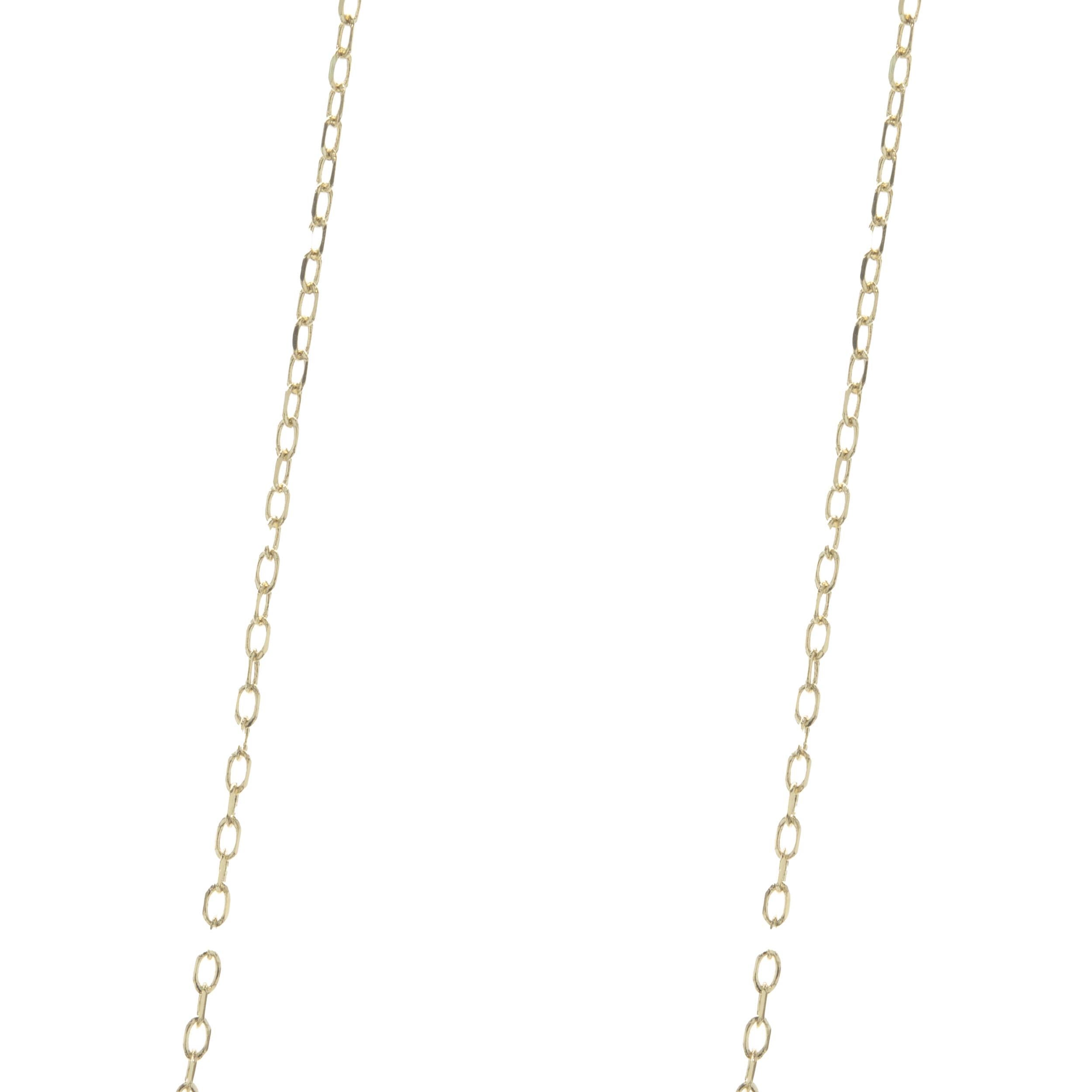 Designer: custom
Material: 14K yellow gold
Dimensions: necklace measures 15.5-inches in length
Weight: 1.30 grams
