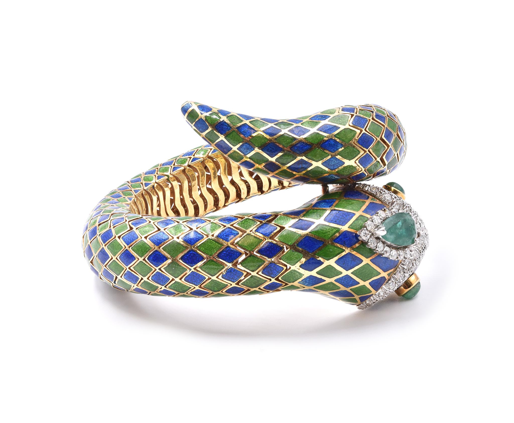 Round Cut 14 Karat Yellow Gold Diamond, Emerald, and Enamel Snake Wrap Bracelet