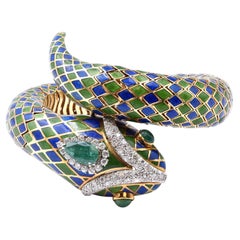 14 Karat Yellow Gold Diamond, Emerald, and Enamel Snake Wrap Bracelet