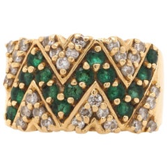 14 Karat Yellow Gold Diamond Emerald Estate Band Ring