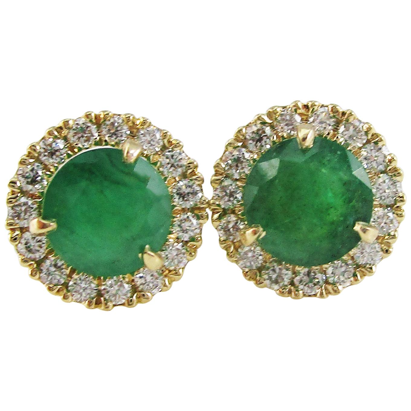 14 Karat Yellow Gold Diamond Emerald Stud Earrings
