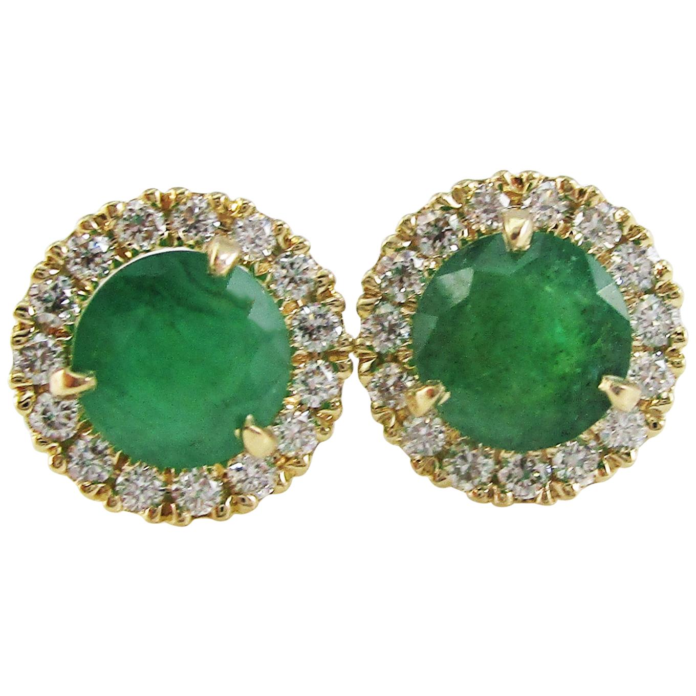 14 Karat Yellow Gold Diamond Emerald Stud Earrings