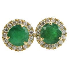 14 Karat Yellow Gold Diamond Emerald Stud Earrings