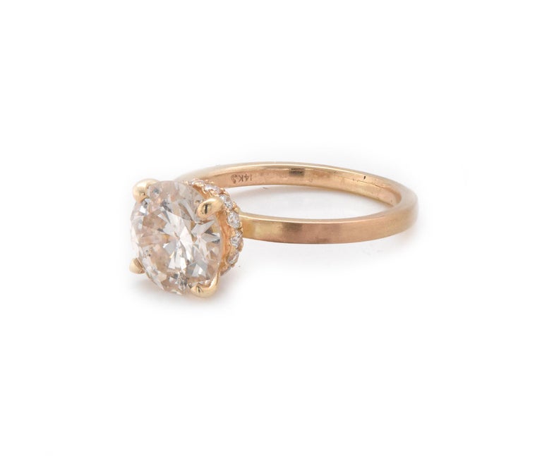 Round Cut 14 Karat Yellow Gold Diamond Engagement Ring with Hidden Diamond Halo