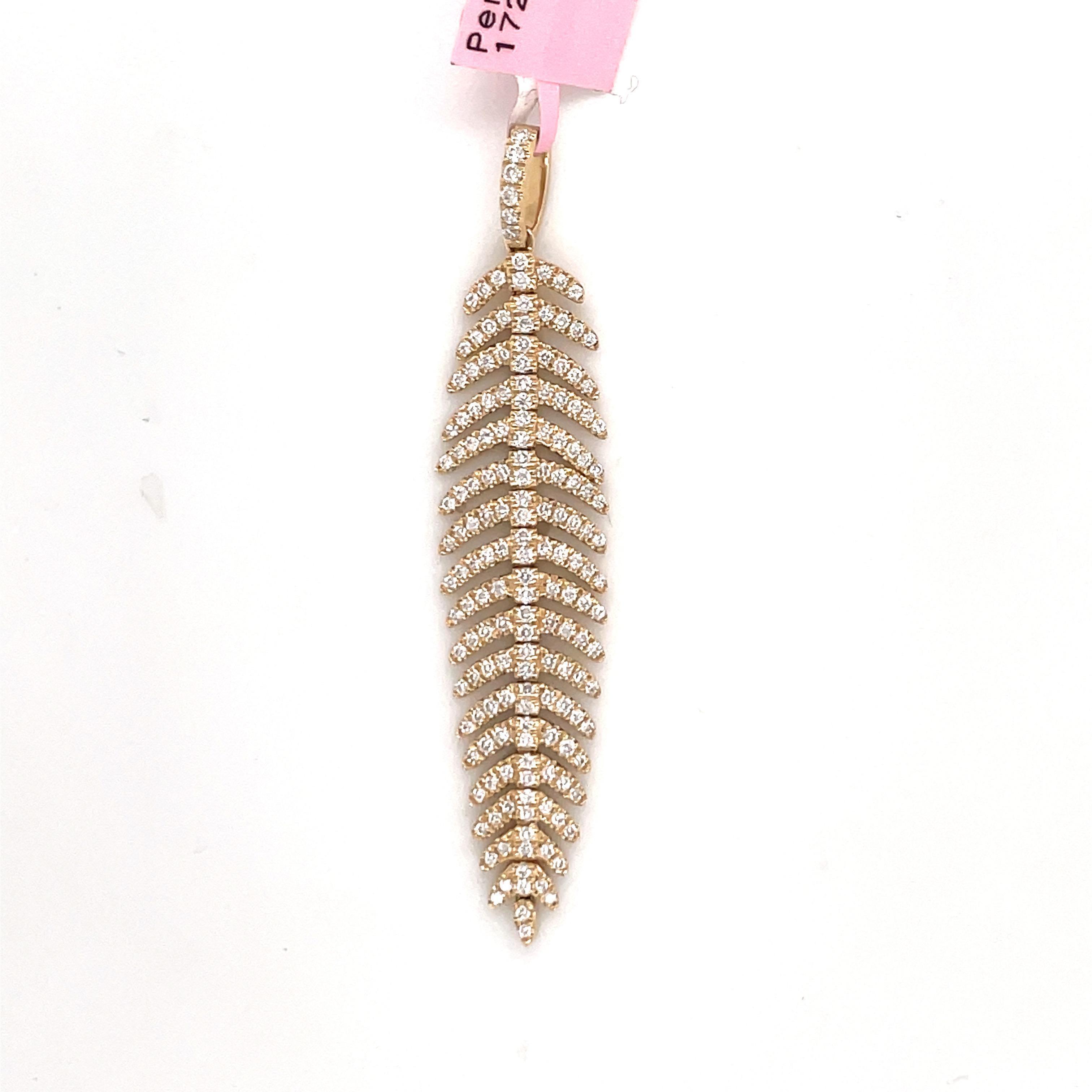 14 Karat Yellow Gold flexible feather pendant featuring 172 round brilliants weighing 0.58 carats. 
Color G-H
Clarity SI

Chain & enhancer not included. DM if you would like to purchase one.