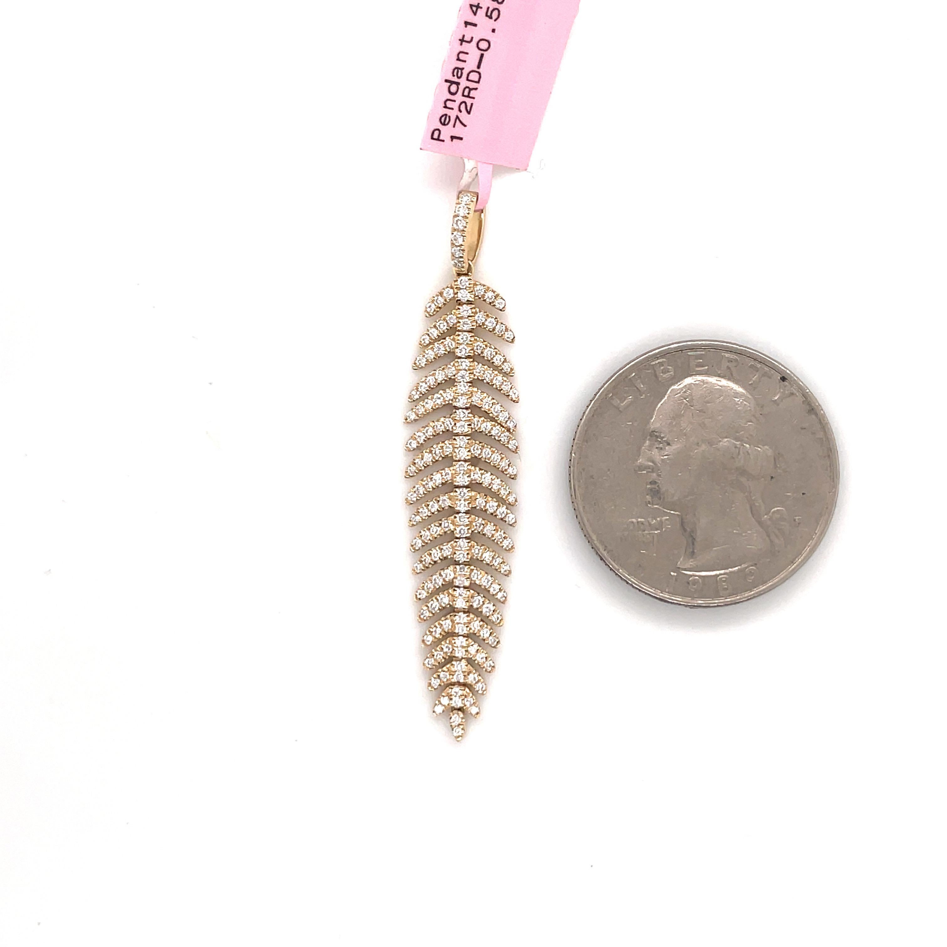 Round Cut 14 Karat Yellow Gold Diamond Feather Flexible Pendant 0.58 Carats For Sale