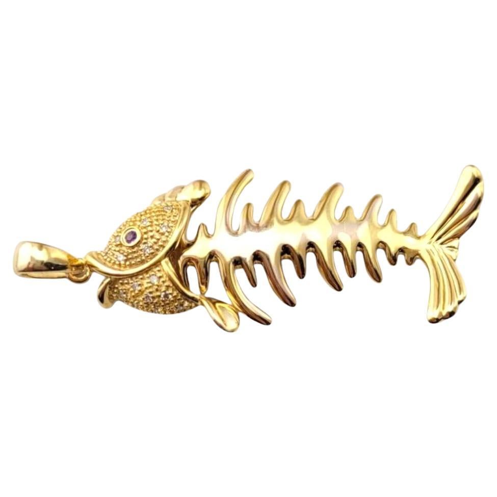 14 Karat Yellow Gold Diamond Fish Skeleton Pendant #20908 For Sale