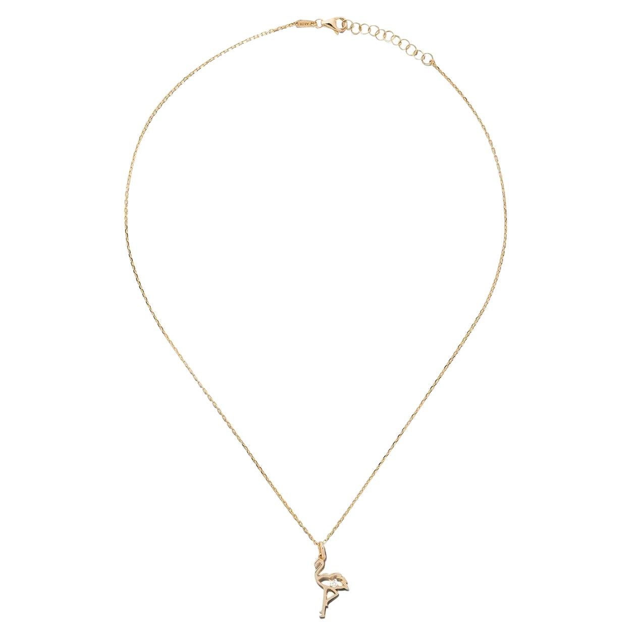 14 Karat Yellow Gold Diamond Flamingo Necklace For Sale
