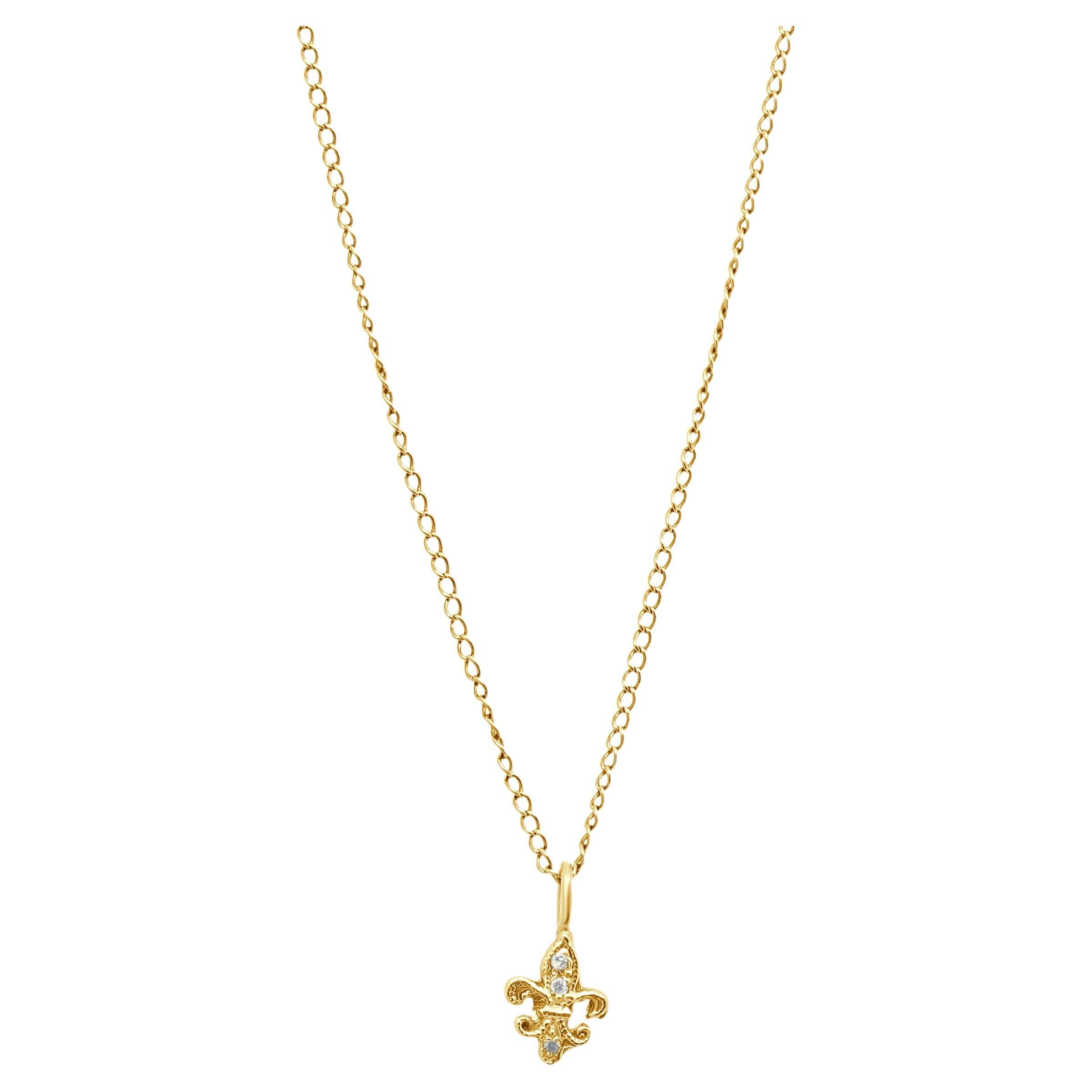 14 Karat Yellow Gold Diamond Fleur De Lis Necklace