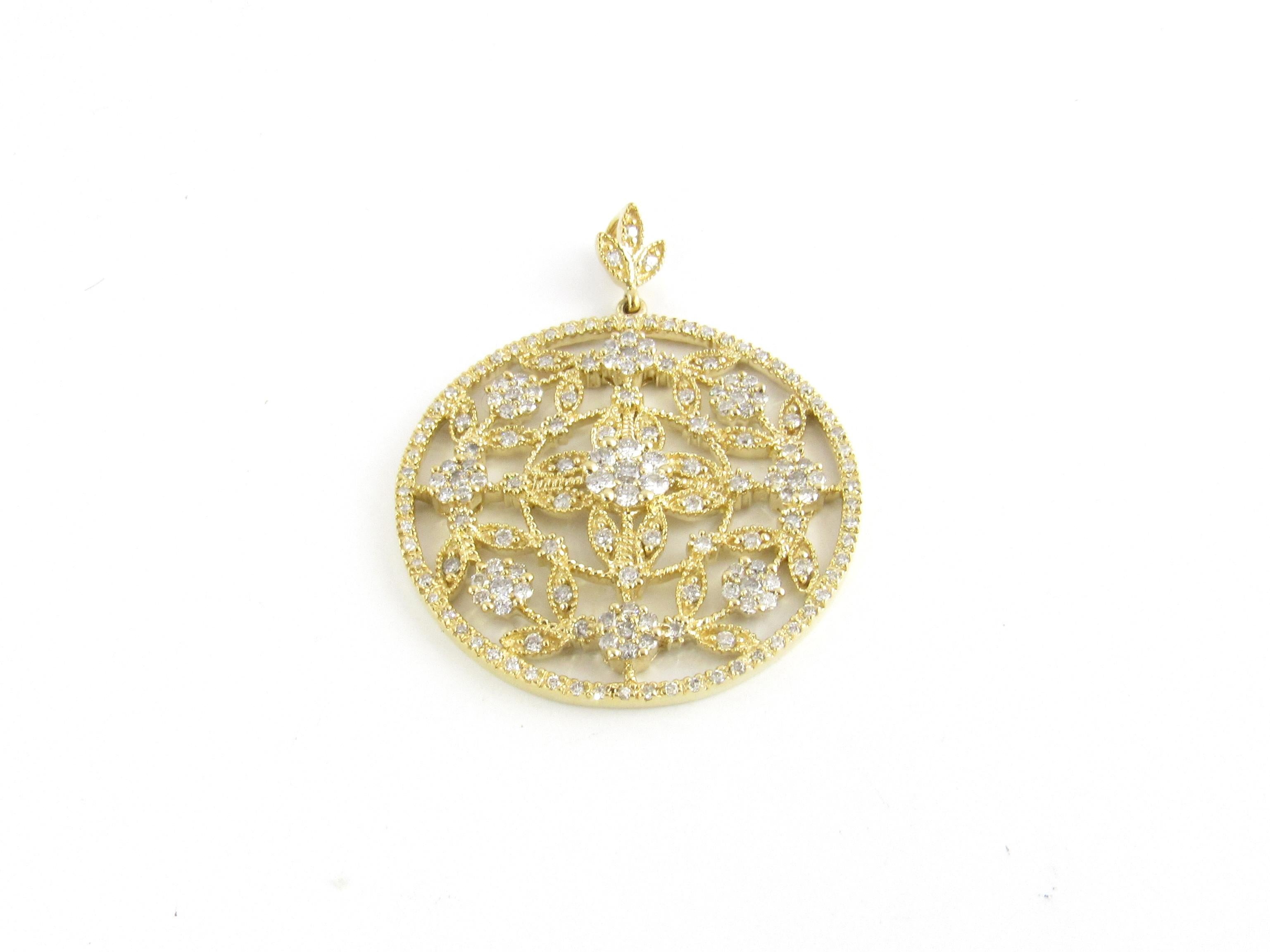 14 Karat Yellow Gold Diamond Pendant-

Make a statement with this breathtaking pendant!

This stunning piece features an exquisite flower design detailed with 155 round brilliant cut diamonds framed in beautifully detailed 14K gold.

Approximate