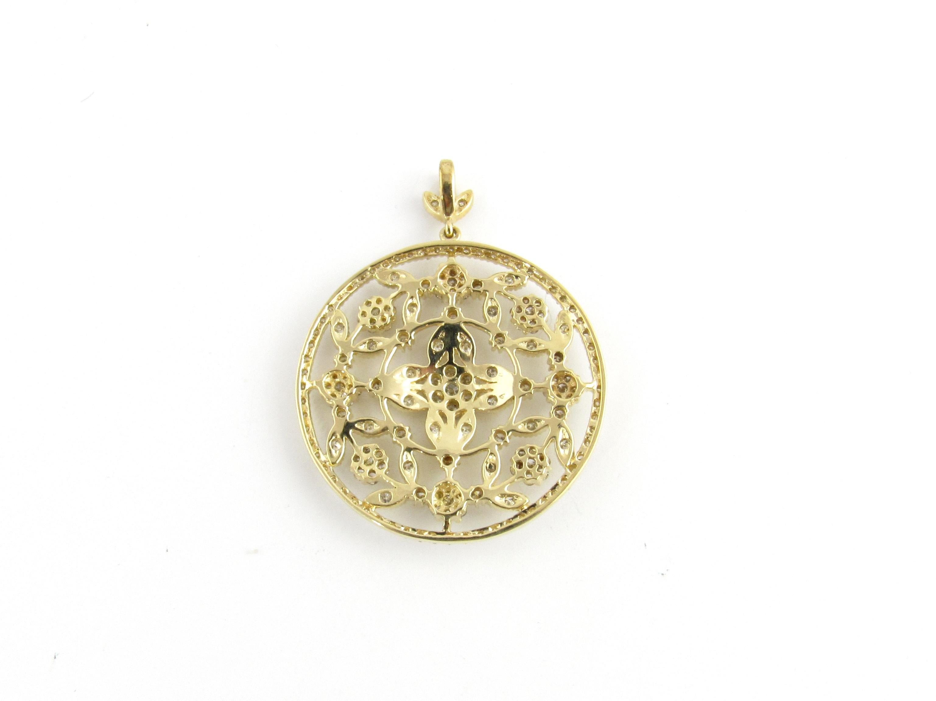Women's or Men's 14 Karat Yellow Gold Diamond Floral Round Pendant For Sale