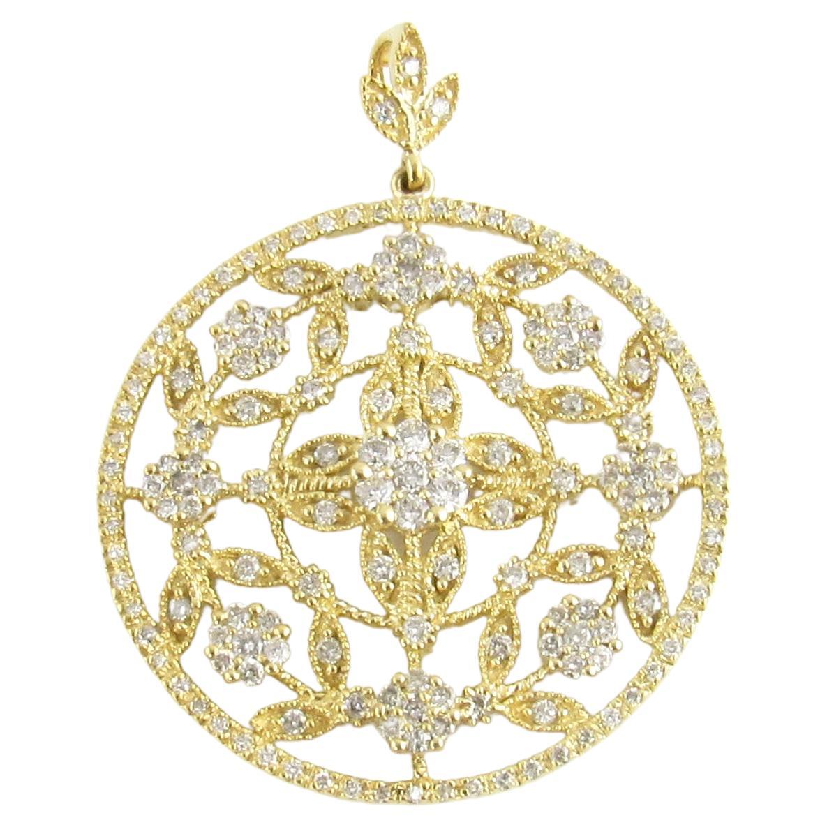 14 Karat Yellow Gold Diamond Floral Round Pendant For Sale
