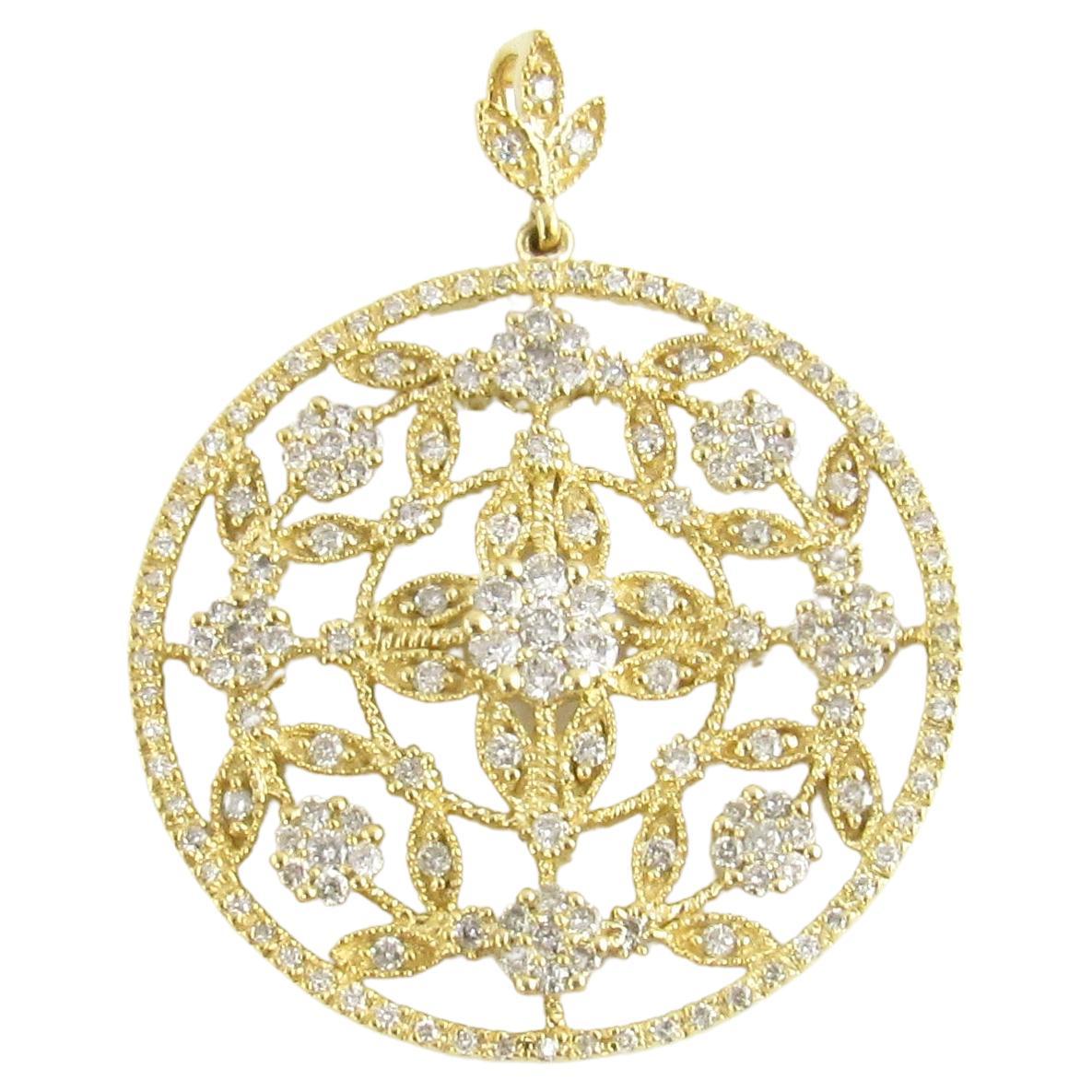 Pendentif rond à fleurs en or jaune 14 carats et diamants