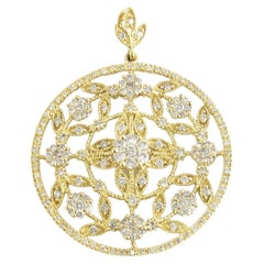 14 Karat Yellow Gold Diamond Floral Round Pendant