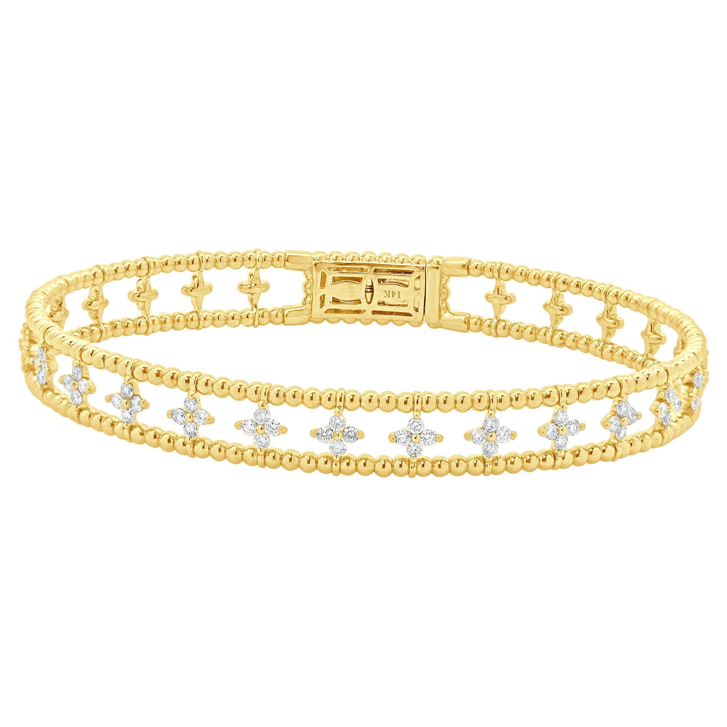14 Karat Yellow Gold Diamond Floral Station Bangle Bracelet