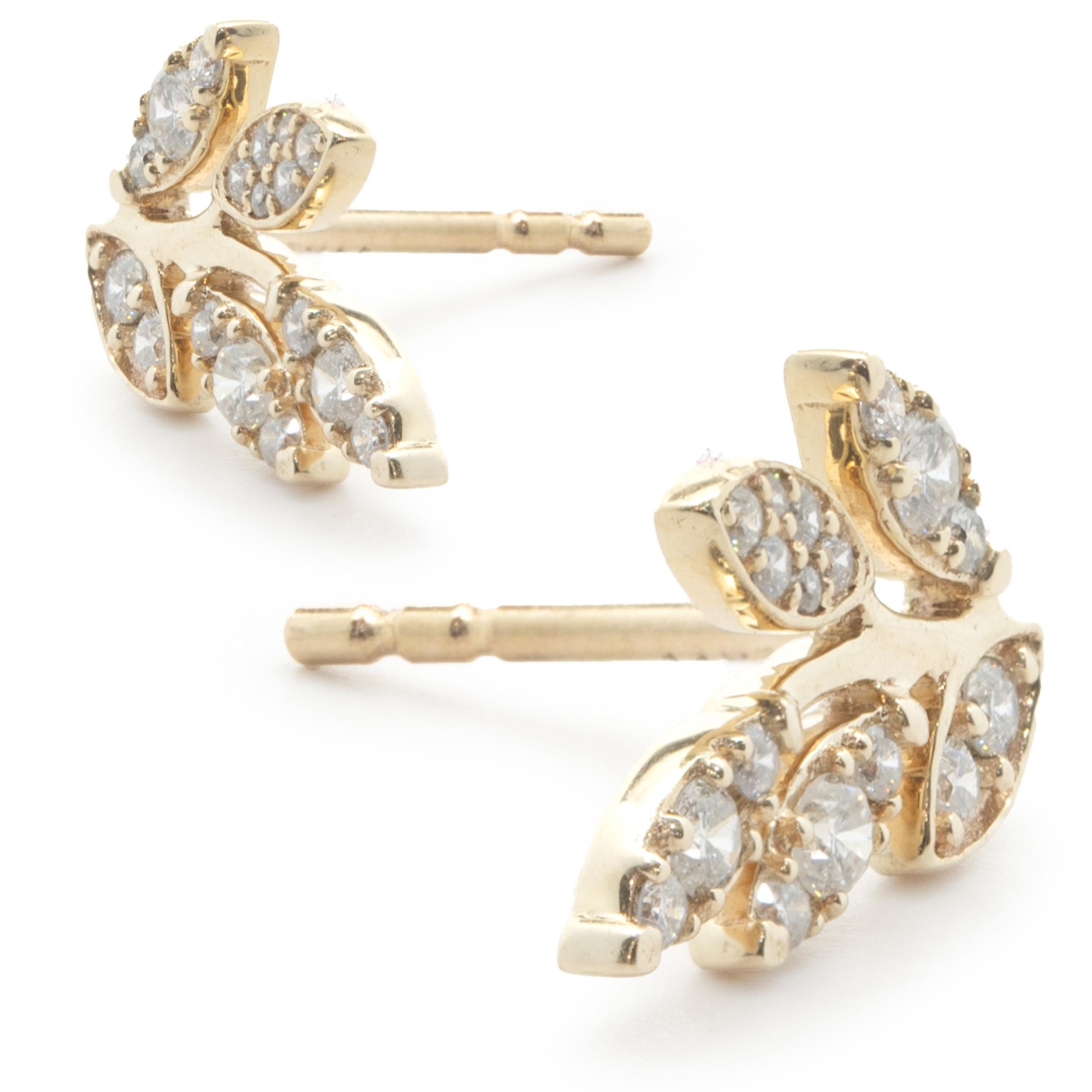Round Cut 14 Karat Yellow Gold Diamond Floral Stud Earrings For Sale