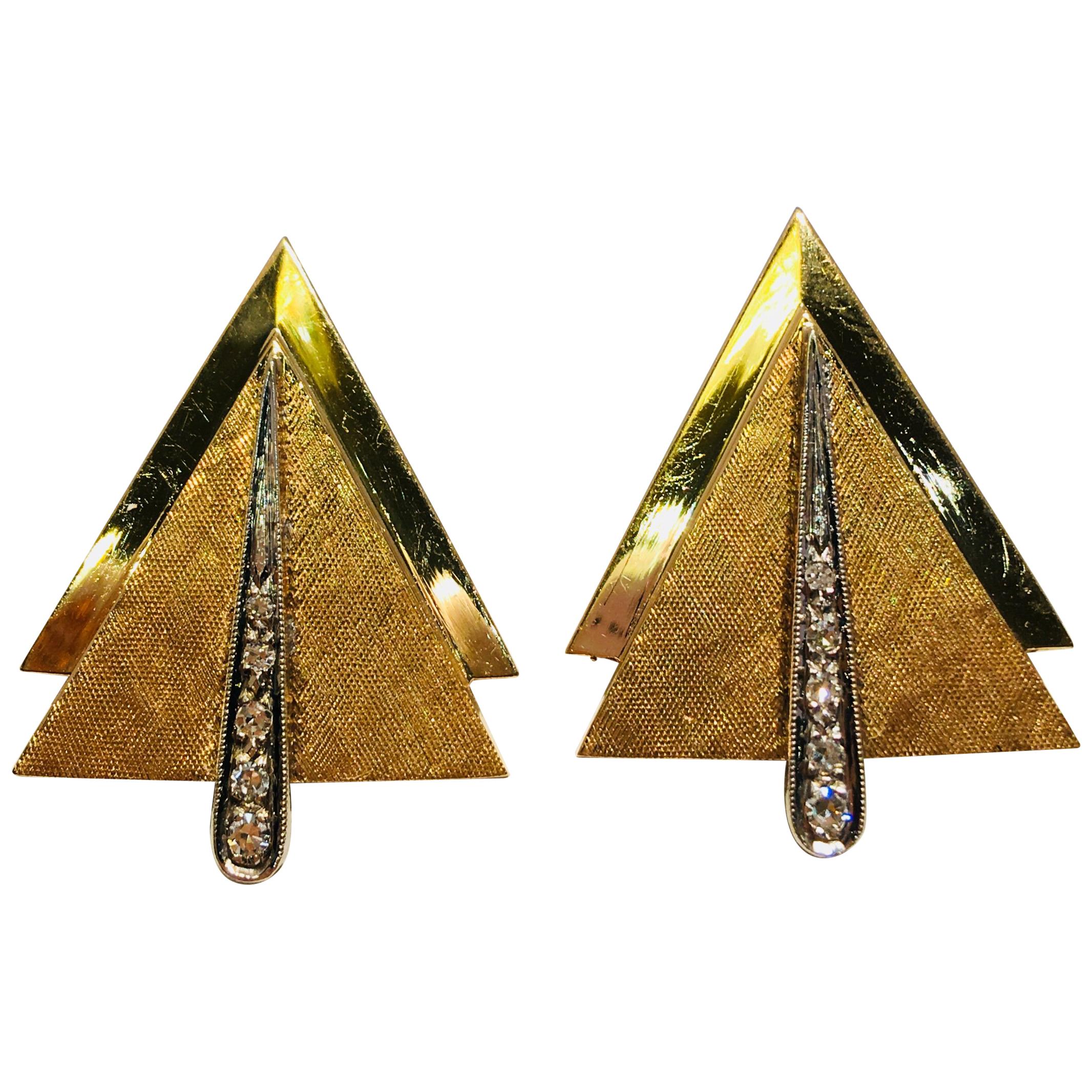 Modern Christmas Tree Art Deco Style 14K Gold and Platinum Diamond Cufflinks