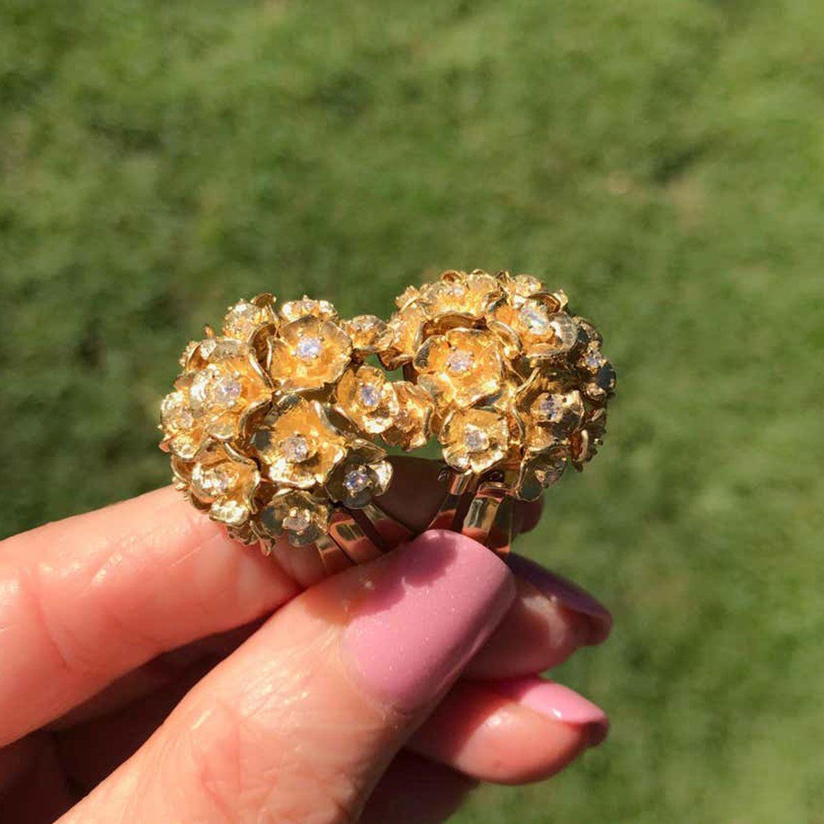 14 Karat Yellow Gold Diamond Flower Bombe Ear Clips Earrings For Sale 4