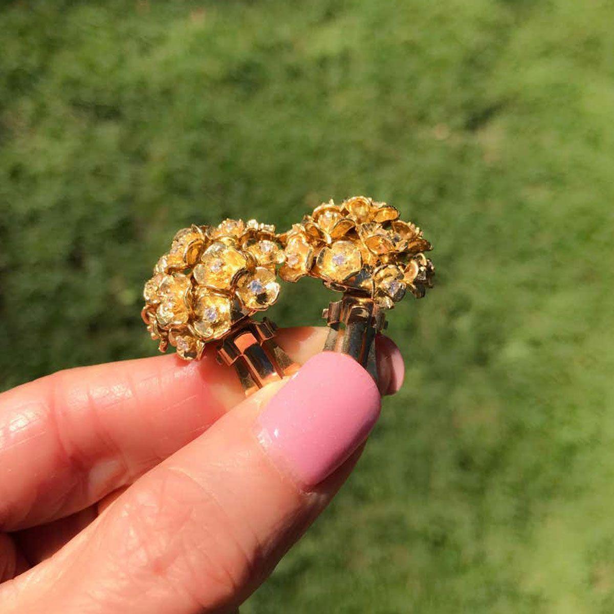 14 Karat Yellow Gold Diamond Flower Bombe Ear Clips Earrings For Sale 5