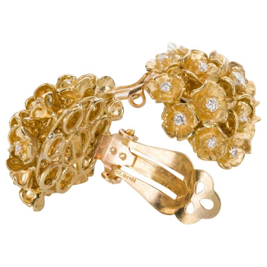 Women's 14 Karat Yellow Gold Diamond Flower Bombe Ear Clips Earrings For Sale