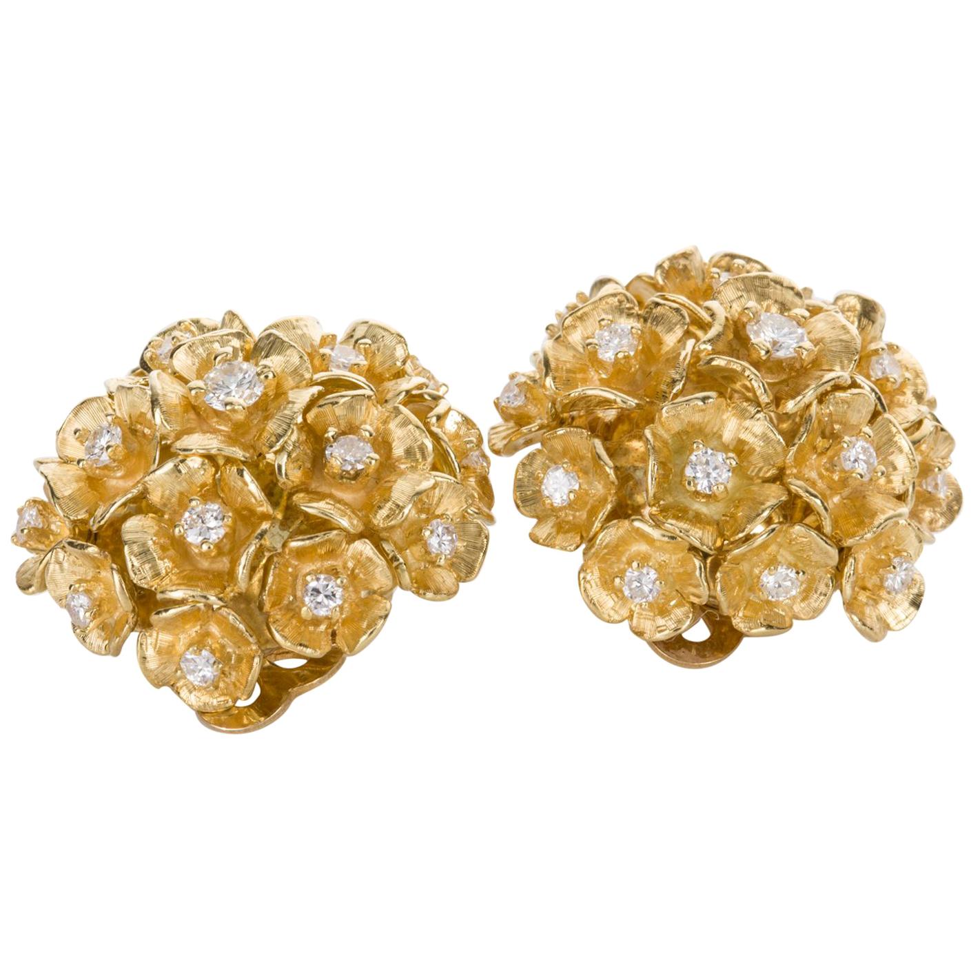 14 Karat Yellow Gold Diamond Flower Bombe Ear Clips Earrings For Sale