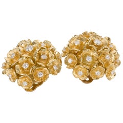 14 Karat Yellow Gold Diamond Flower Bombe Ear Clips Earrings