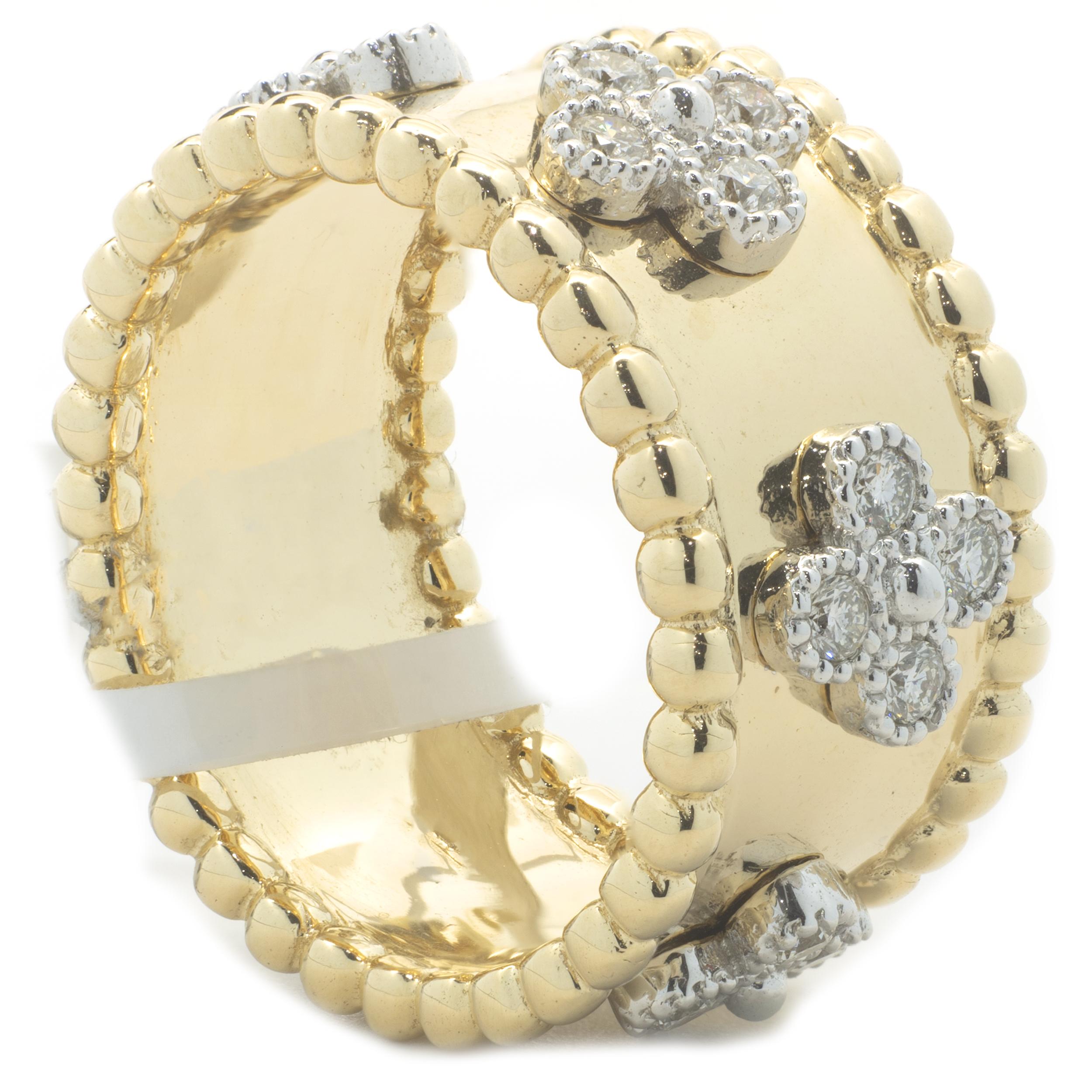 Designer: custom
Material: 14K yellow gold  
Diamond: 24 round brilliant cut = 0.62cttw
Color: G
Clarity: VS
Ring size: 7.5 (please allow two additional shipping days for sizing requests)
Weight:  9.81 grams

