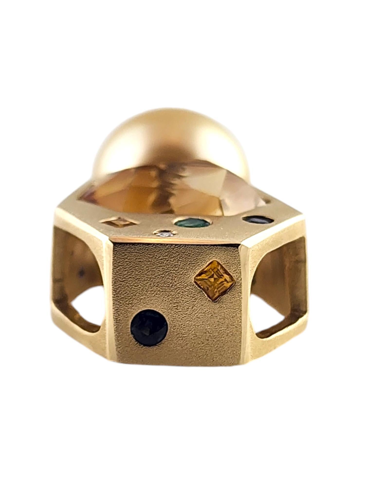 Hexagon Cut 14 Karat Yellow Gold Diamond, Gemstone, & Cultured Pearl Pendant #19036