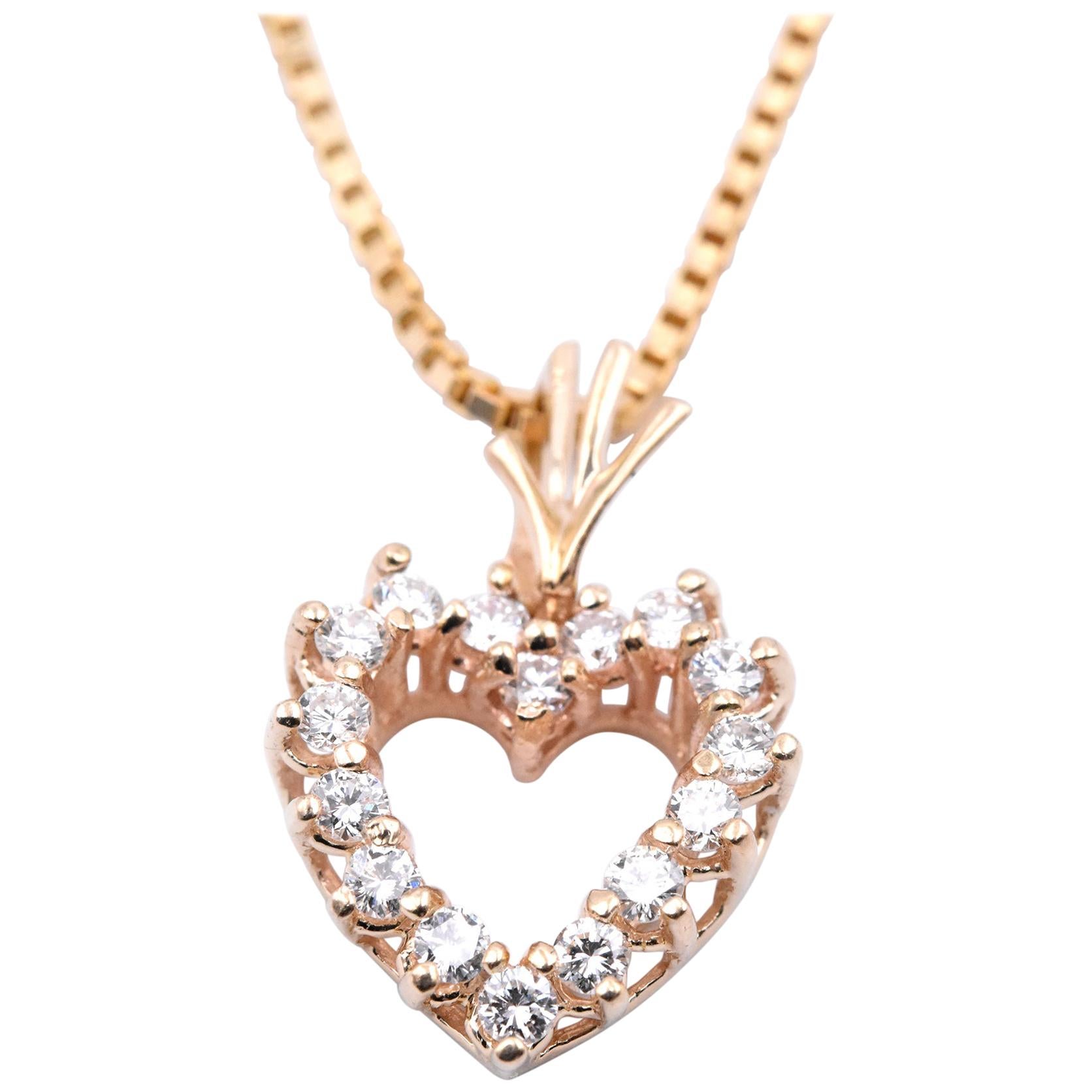 14 Karat Yellow Gold Diamond Heart Necklace