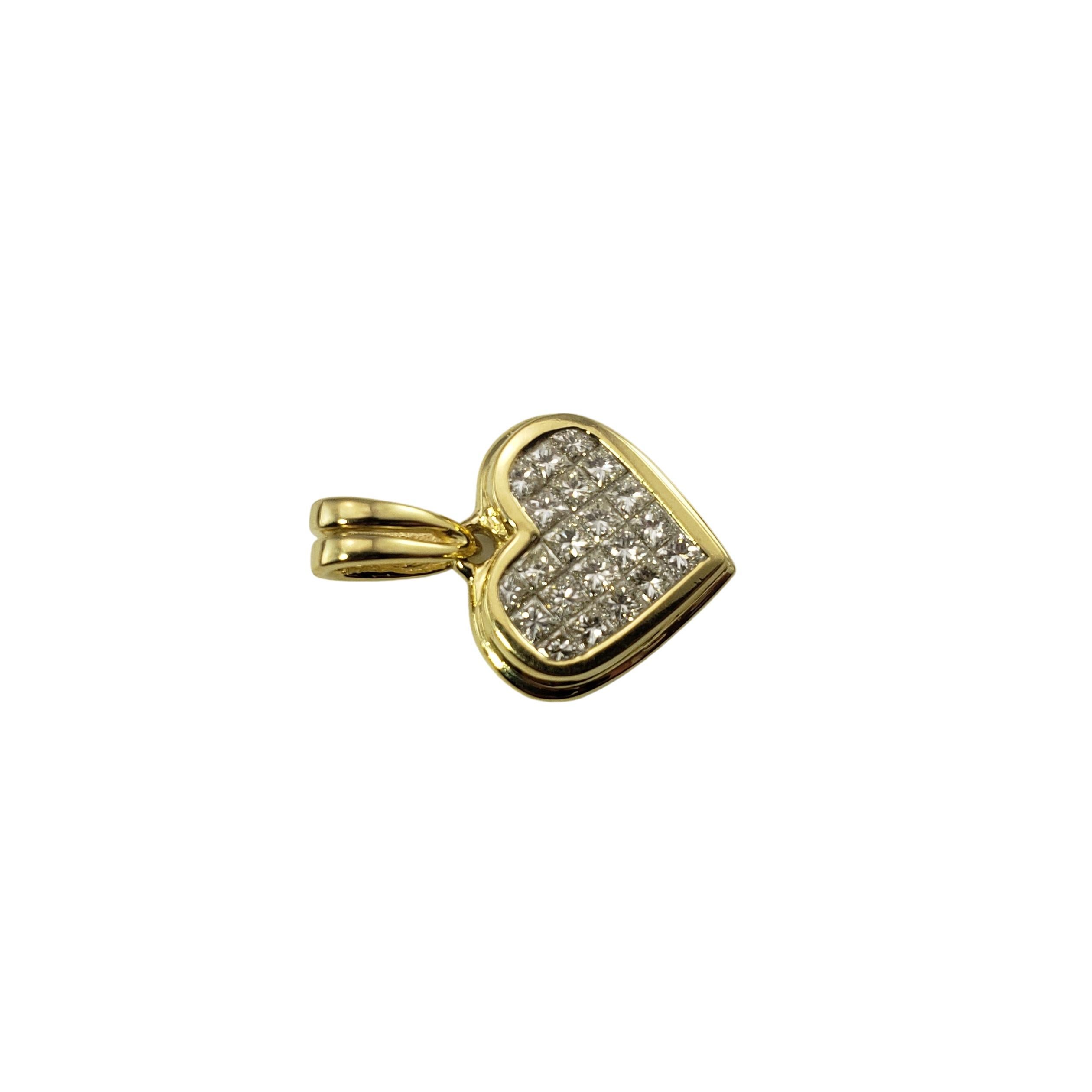 14 Karat Yellow Gold and Diamond Heart Pendant-

This sparkling heart pendant features 21 princess cut diamonds set in classic 14K yellow gold.

Approximate total diamond weight:  1.0 ct.

Diamond color: G

Diamond clarity: VS1

Size:  16 mm x 15
