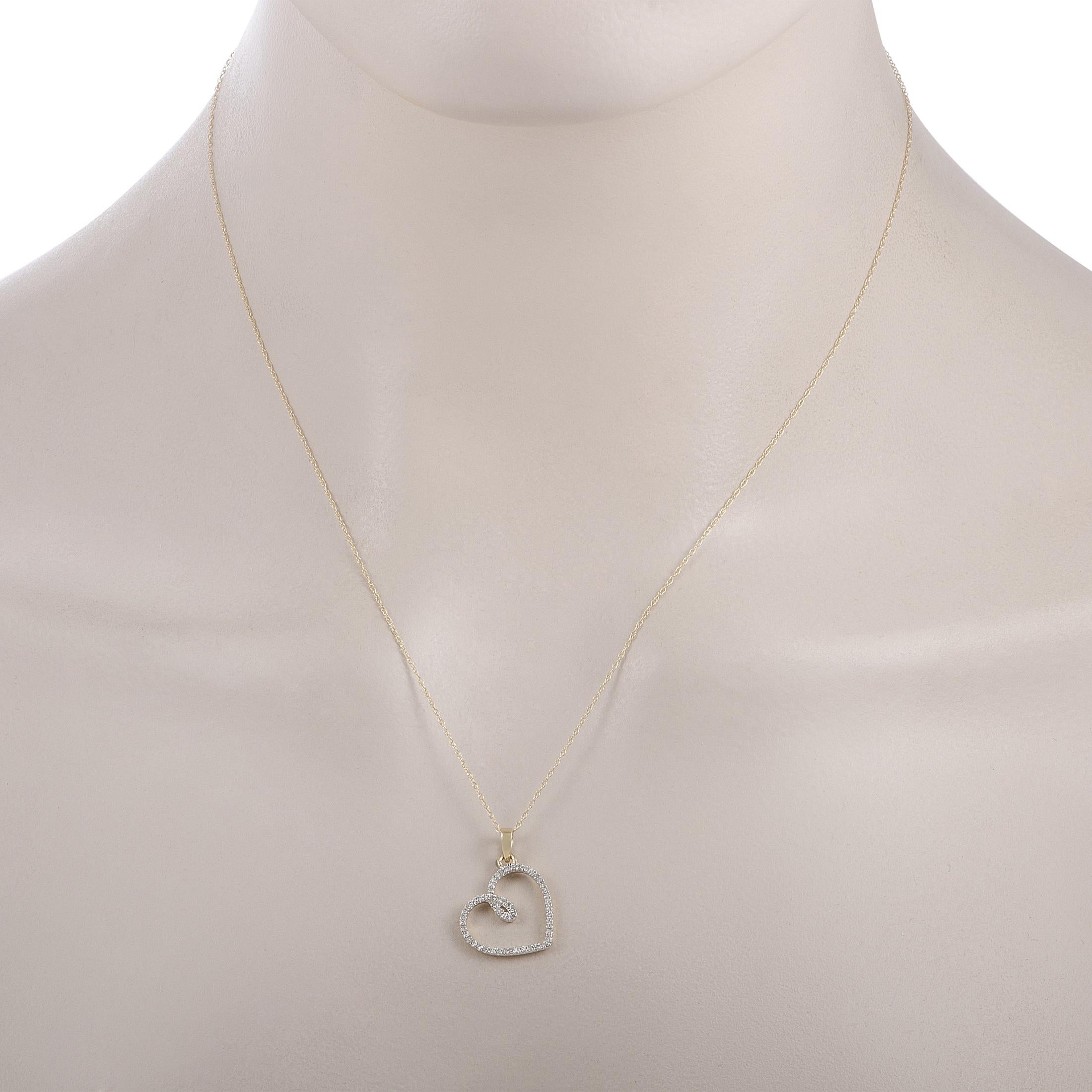 This necklace is crafted from 14K yellow gold and weighs 1.5 grams, boasting chain length of 18.00” while the pendant measures 0.80” by 0.65”. The necklace is set with diamonds that weigh 0.19 carats in total.
 
 Offered in brand new condition, this