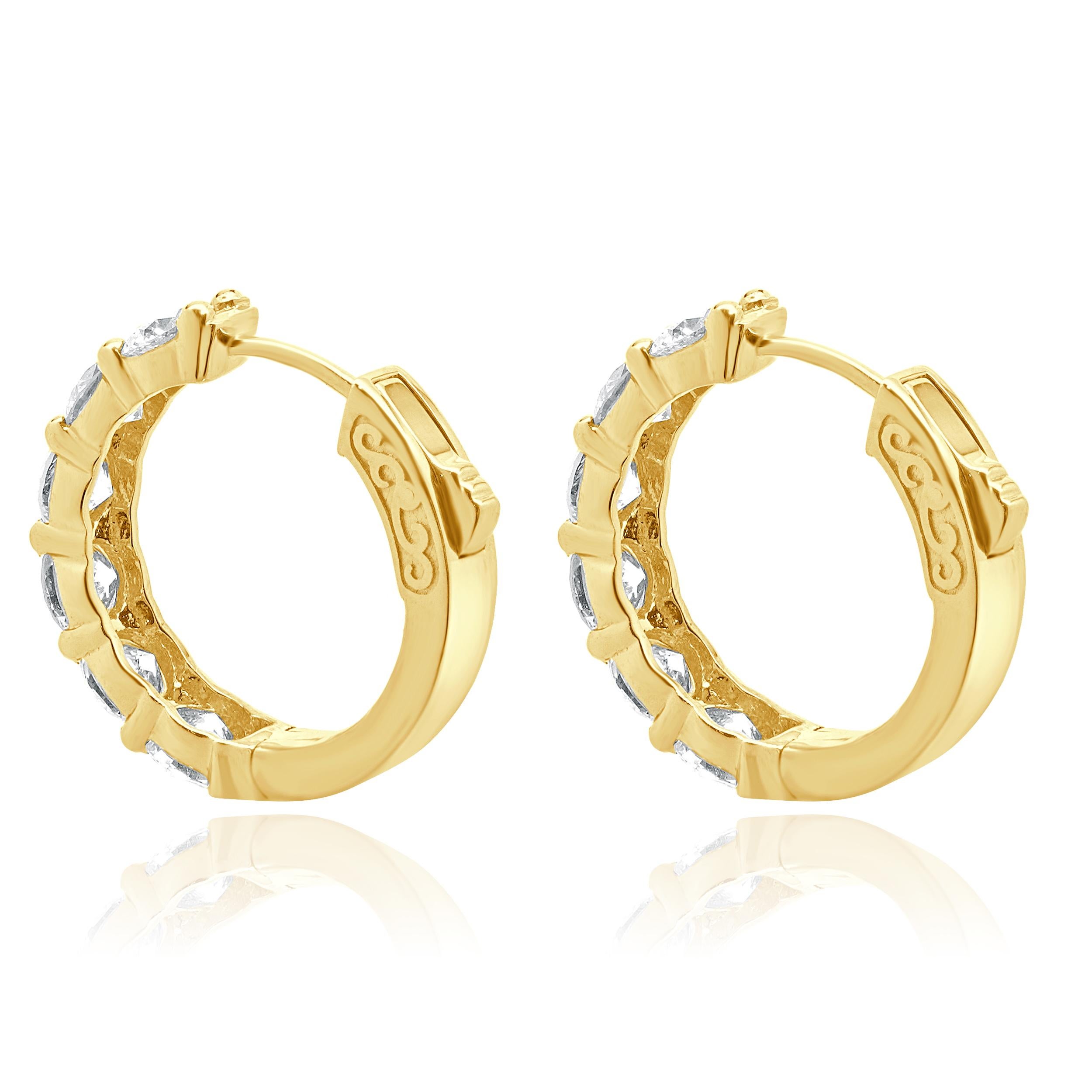 Round Cut 14 Karat Yellow Gold Diamond Hoop Earrings For Sale