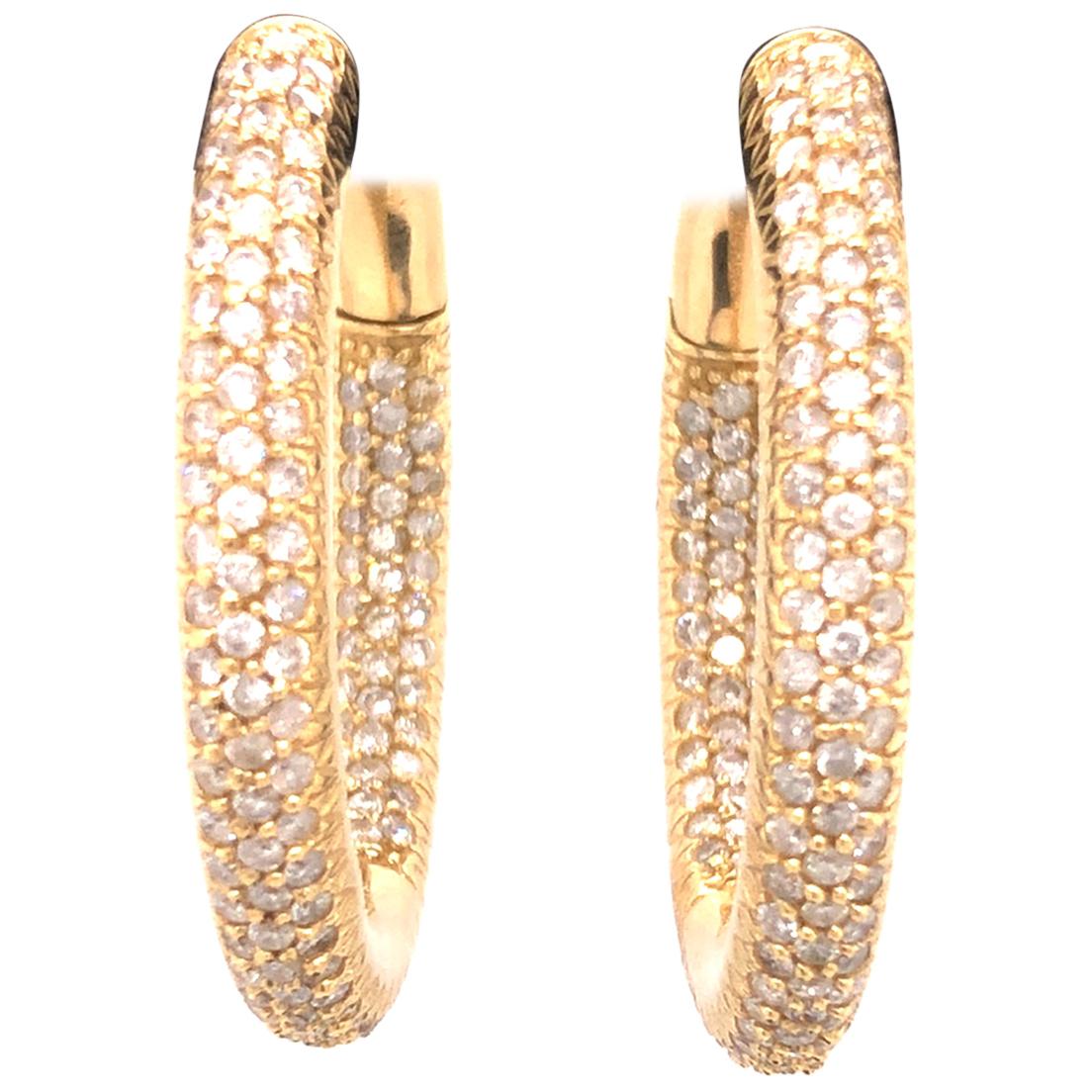 14 Karat Yellow Gold Diamond Hoop Earrings For Sale