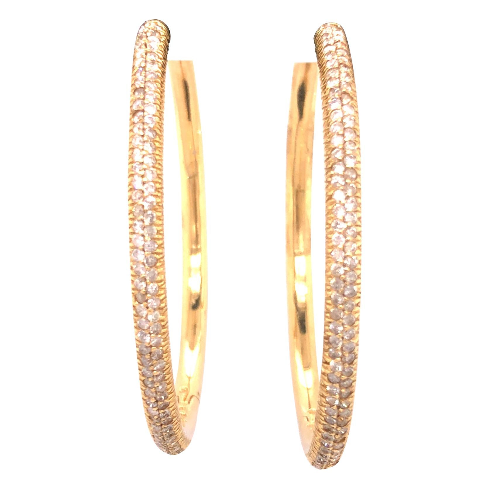 14 Karat Yellow Gold Diamond Hoop Earrings For Sale