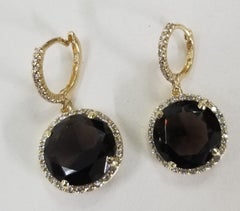 14 Karat Yellow Gold Diamond Hoop with Smokey Quartz Earrings