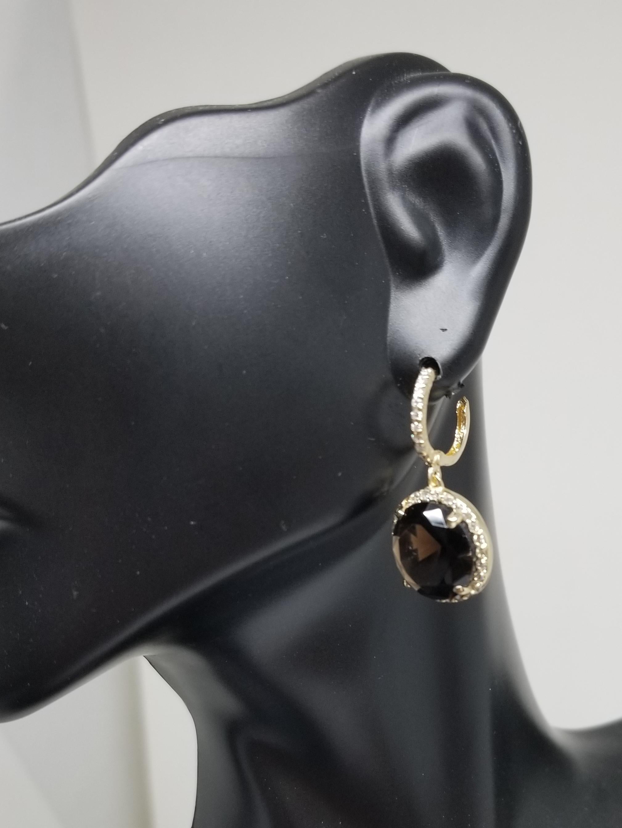 14 Karat Yellow Gold Diamond Hoop with Smokey Quartz Earrings In New Condition For Sale In Los Angeles, CA