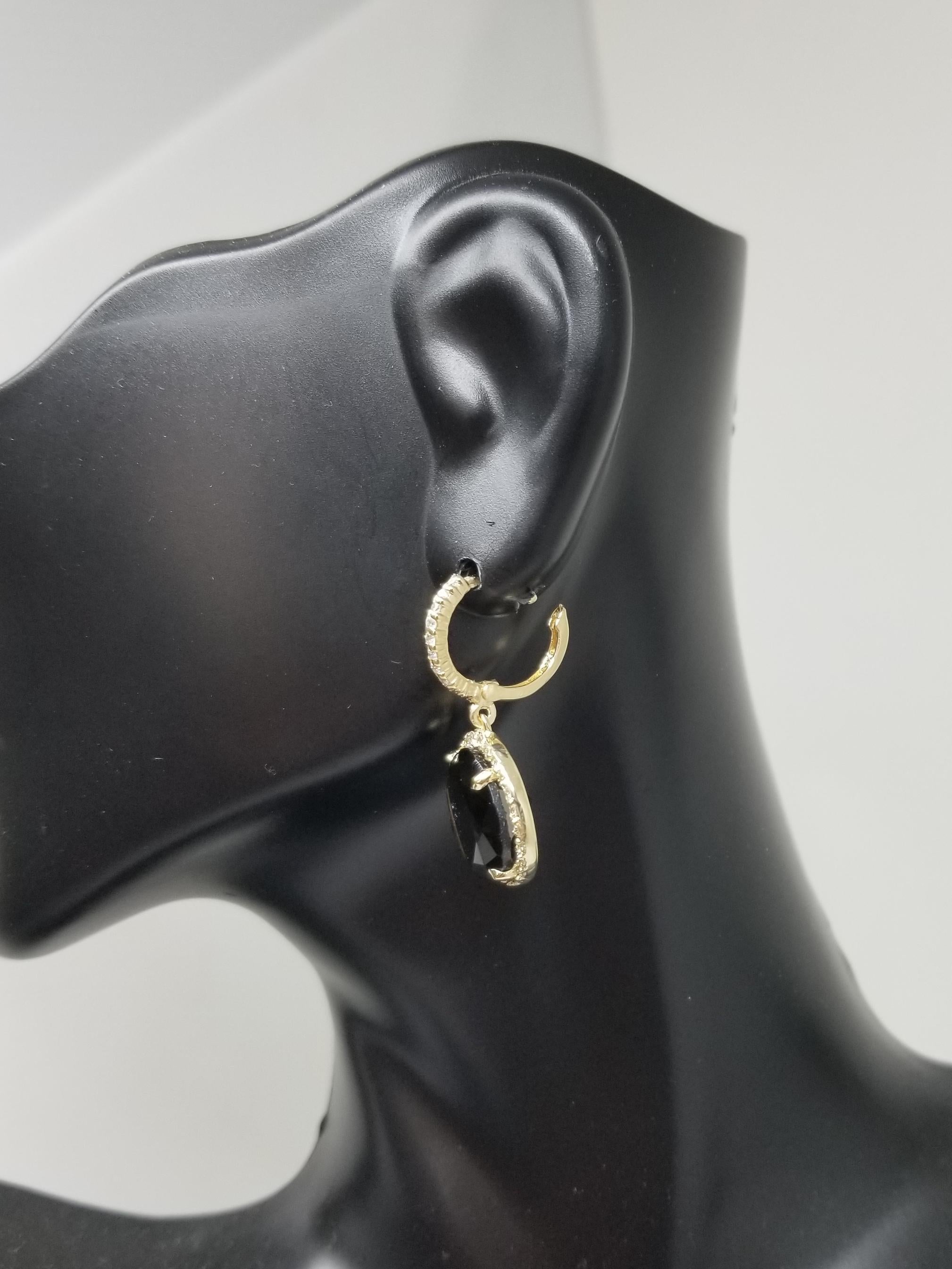 Women's or Men's 14 Karat Yellow Gold Diamond Hoop with Smokey Quartz Earrings For Sale