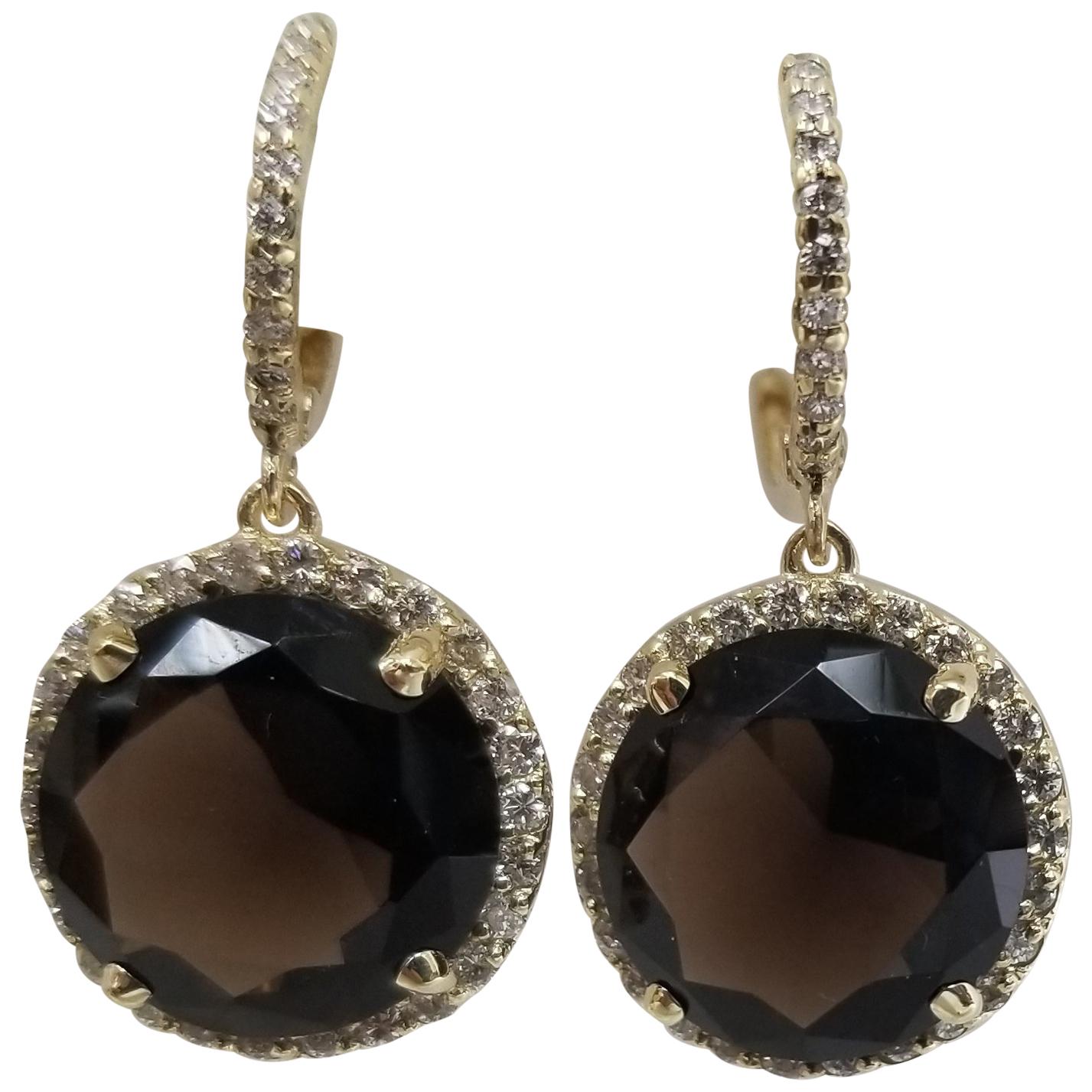 14 Karat Yellow Gold Diamond Hoop with Smokey Quartz Earrings