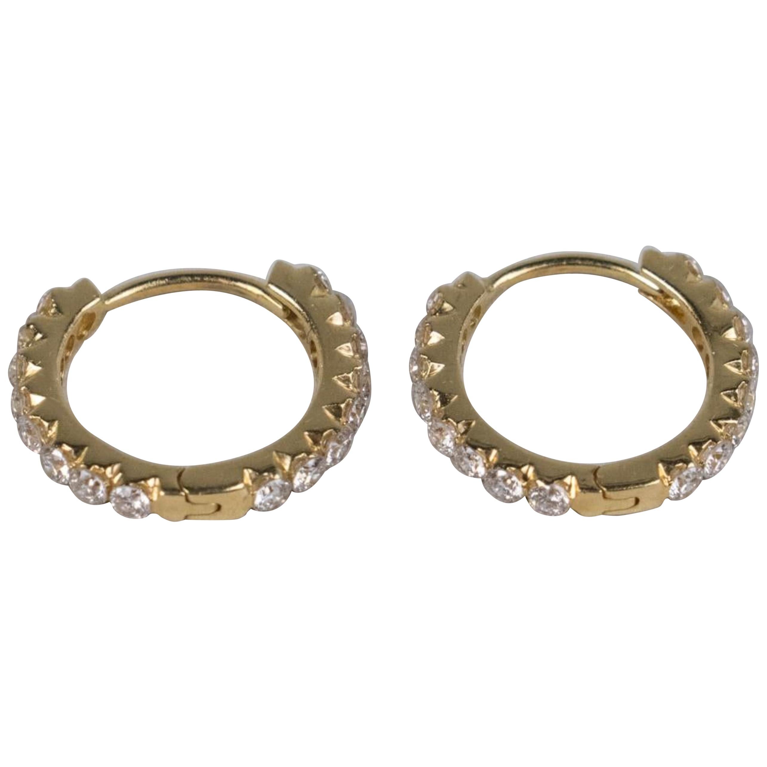 14 Karat Yellow Gold Diamond Huggie Hoop Earrings For Sale