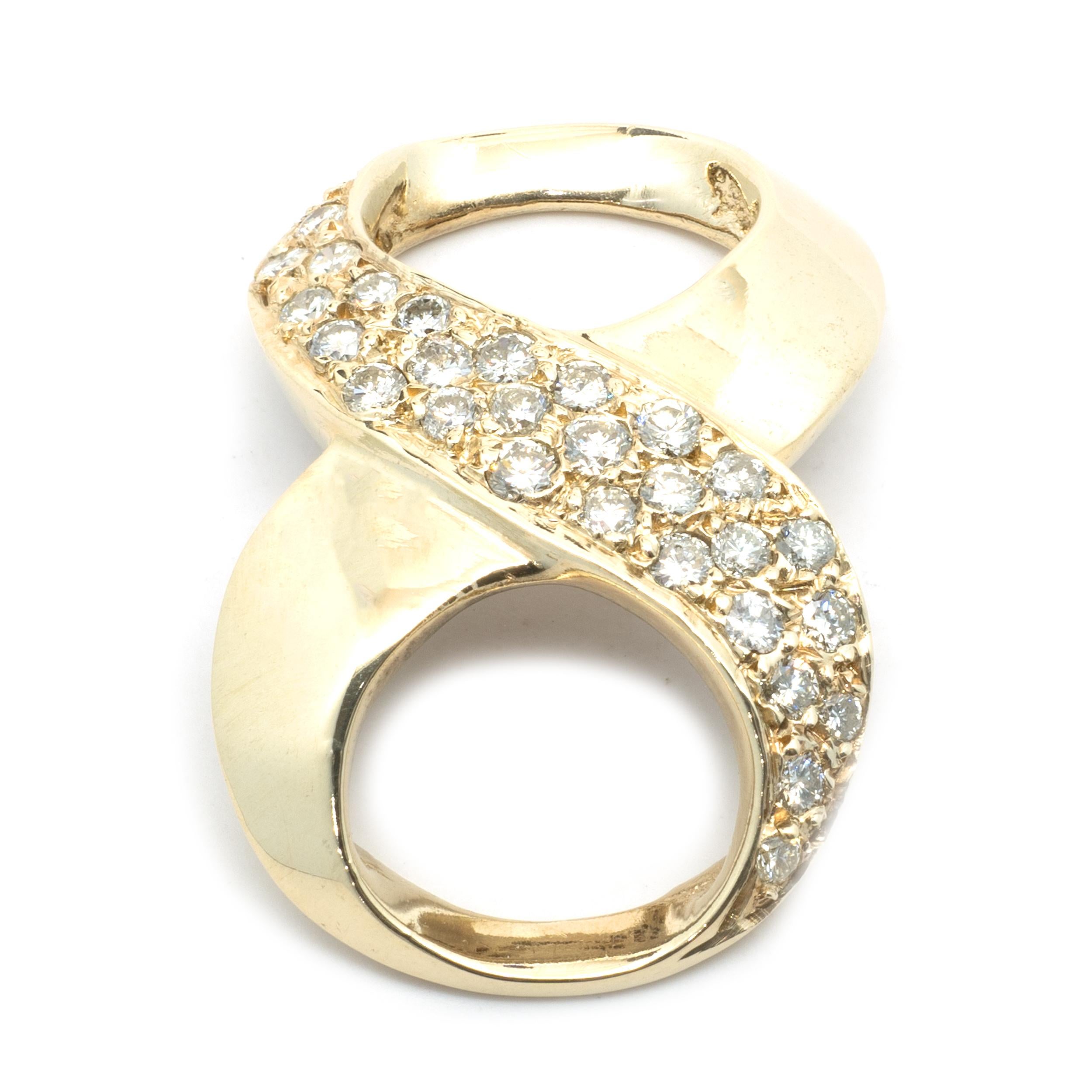 Designer: custom 
Material: 14K yellow gold
Diamonds: 29 round brilliant cut = 1.00cttw
Color: G
Clarity: SI1-2
Dimensions: pendant measures 30.75 X 19.50mm
Weight: 7.41 grams
