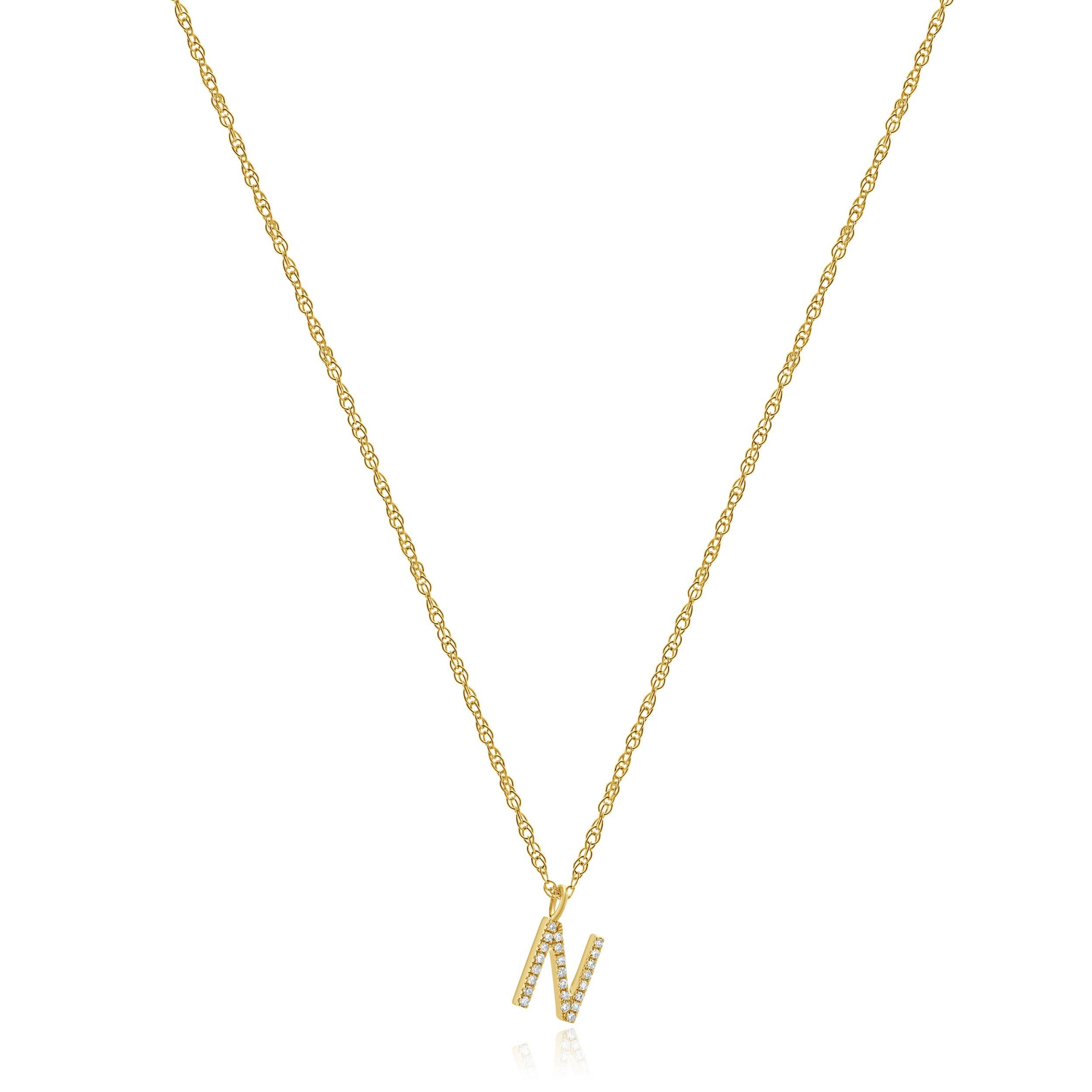 14 Karat Yellow Gold Diamond Initial N Necklace For Sale