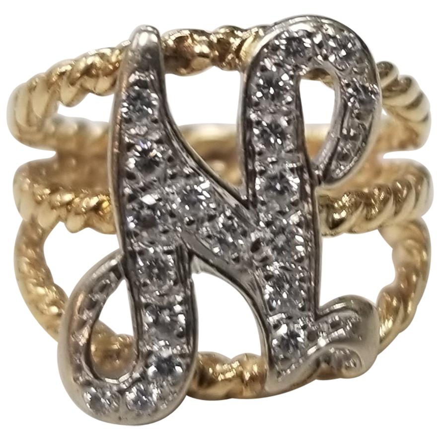 14 Karat Yellow Gold Diamond Initial "N" Ring