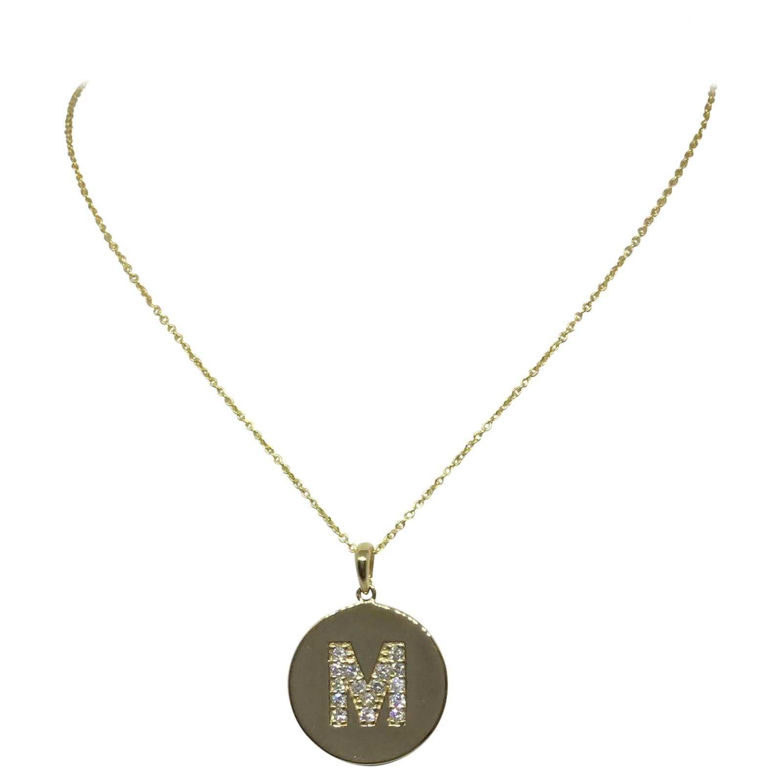 14 Karat Yellow Gold Diamond Initial Pendant Necklace For Sale