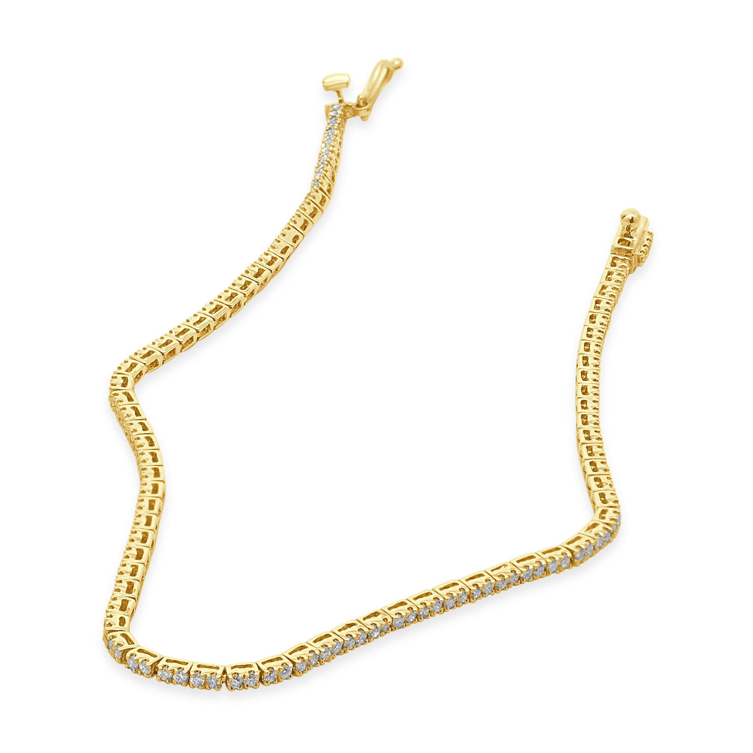 Round Cut 14 Karat Yellow Gold Diamond Inline Tennis Bracelet
