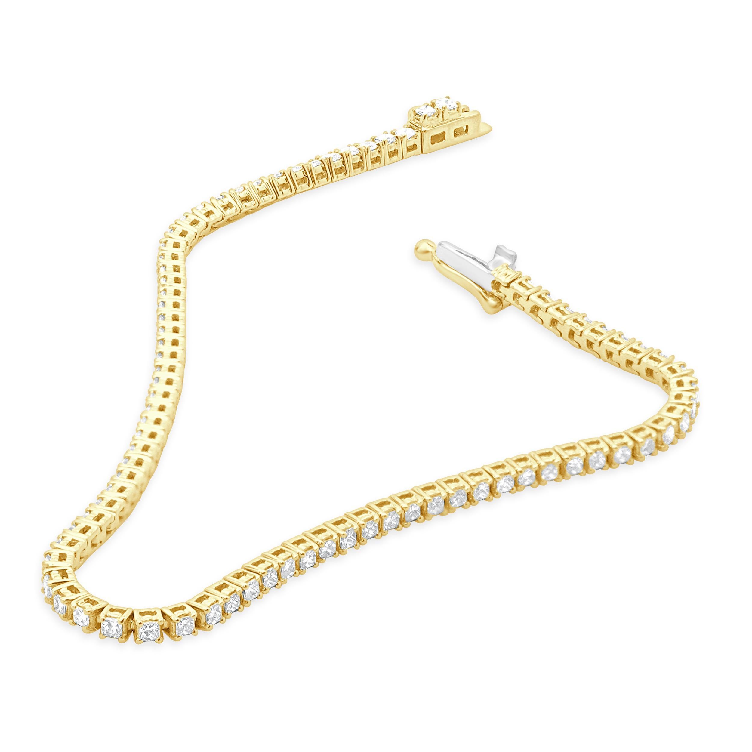 Round Cut 14 Karat Yellow Gold Diamond Inline Tennis Bracelet
